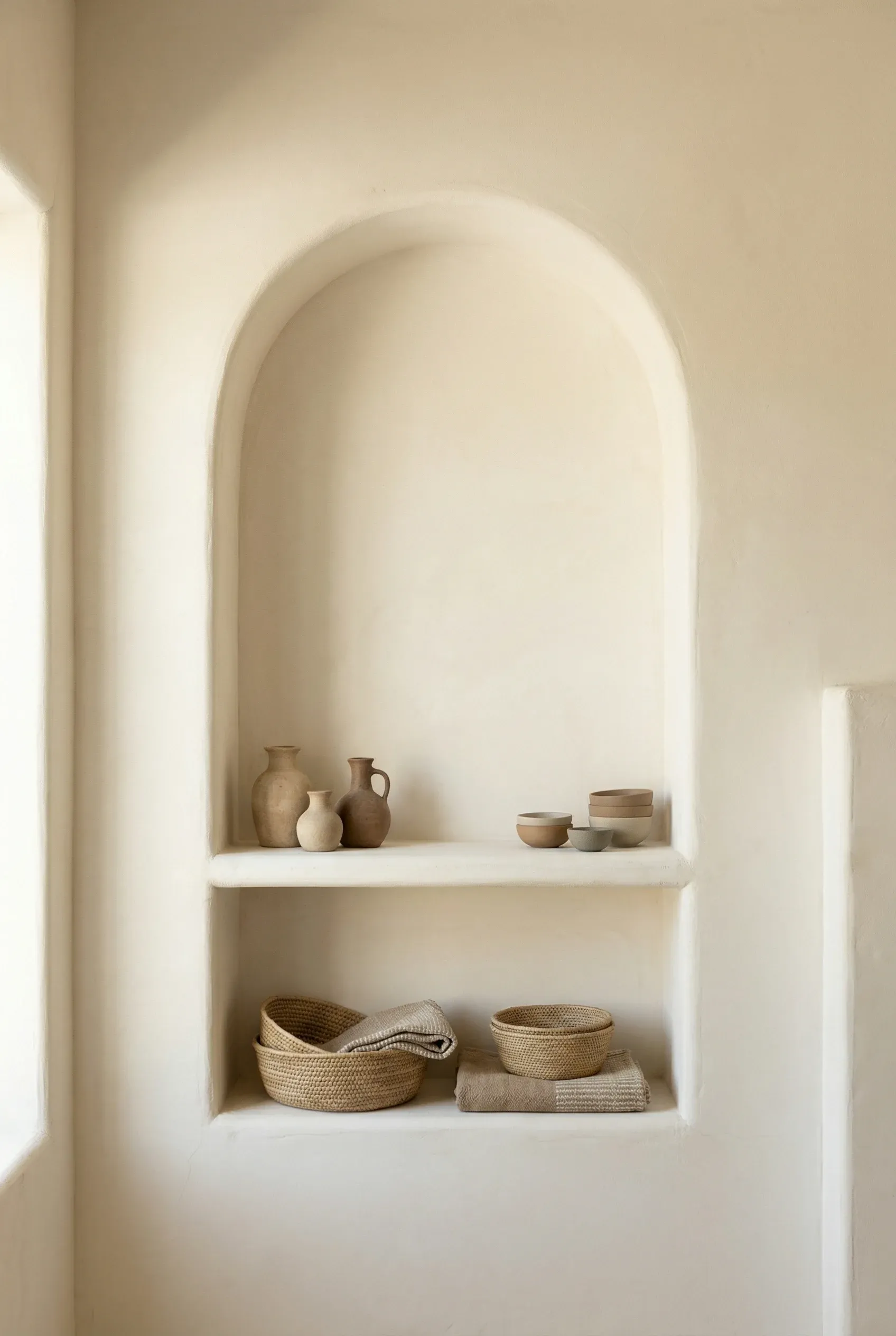 Mediterranean arched built-in niche with simple ceramics and woven decorative pieces.