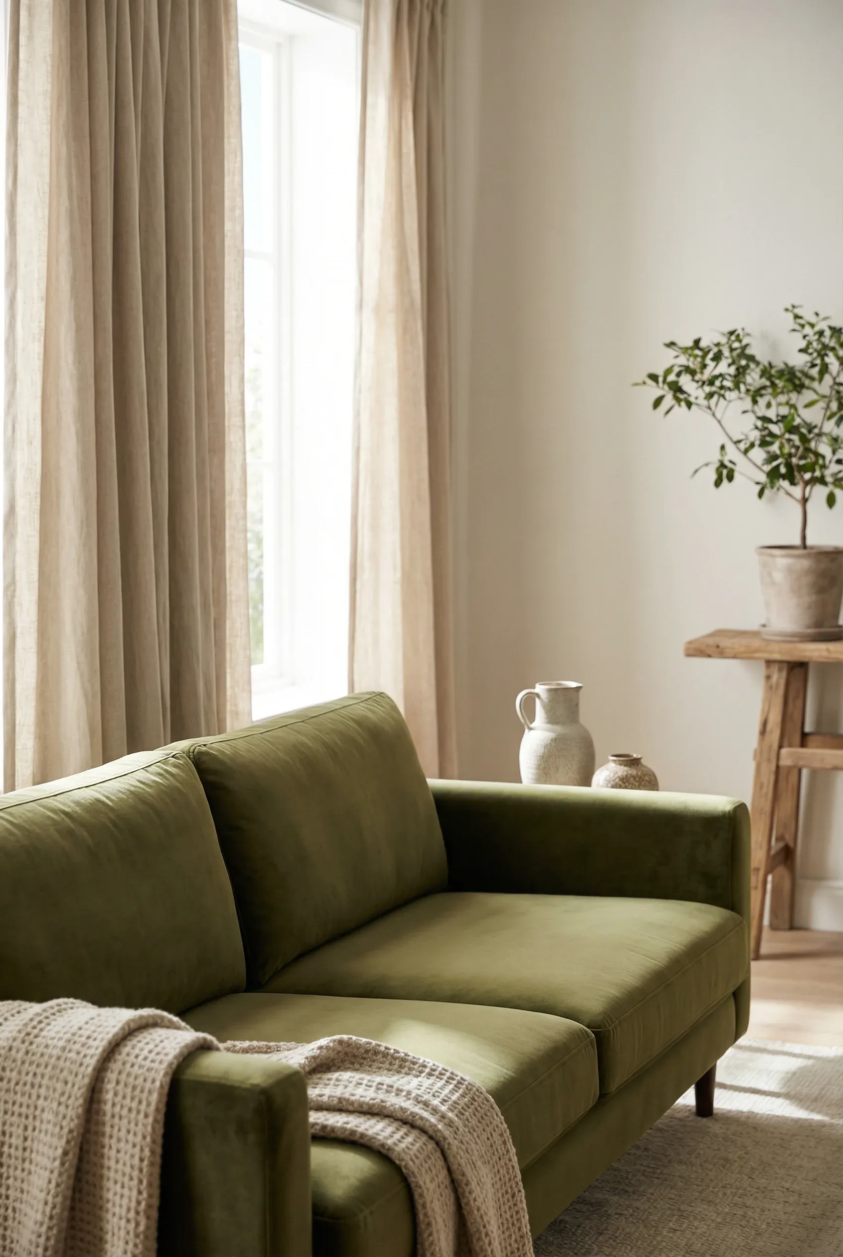 Olive Velvet Sofa Paired with Neutral Linen Curtains