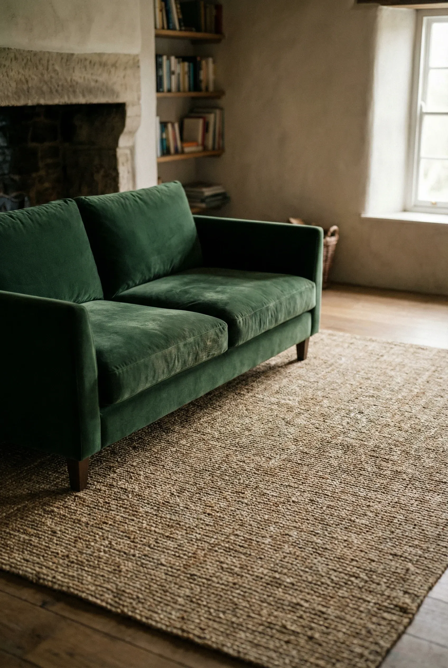 Dark Green Couch Anchored by a Woven Jute Rug