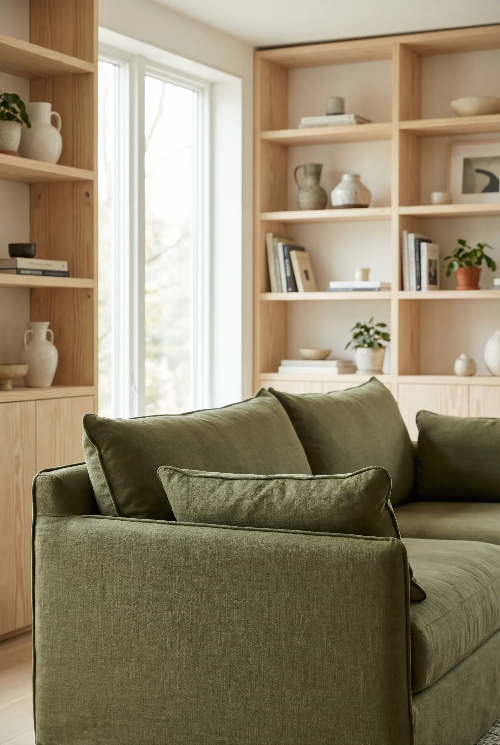 Olive Sofa Framed with Light Wood Scandinavian Shelving