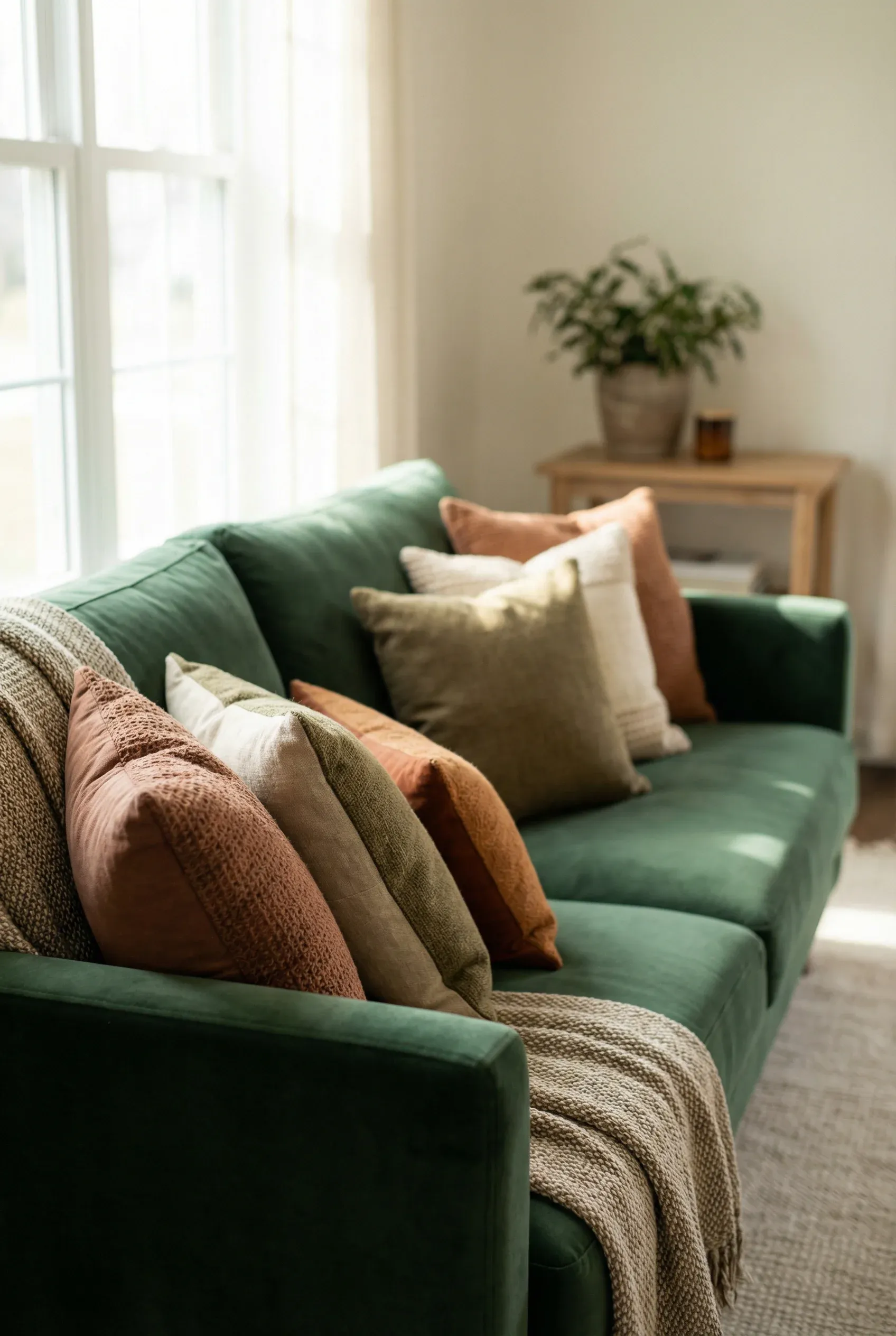 Green Couch Styling with Layered Earth-Toned Throw Pillows