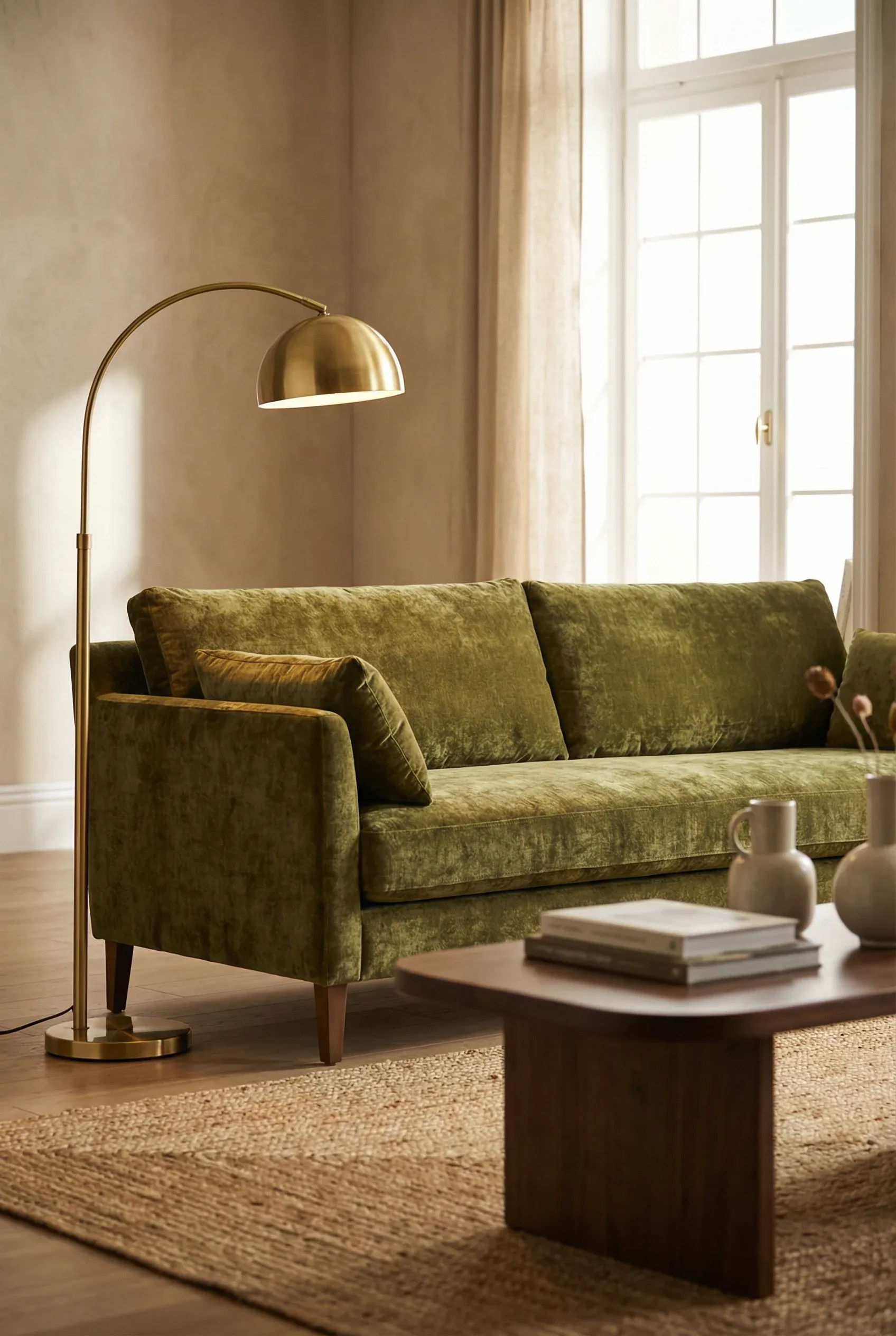 Olive Green Velvet Sofa with Brass Floor Lamp Accents