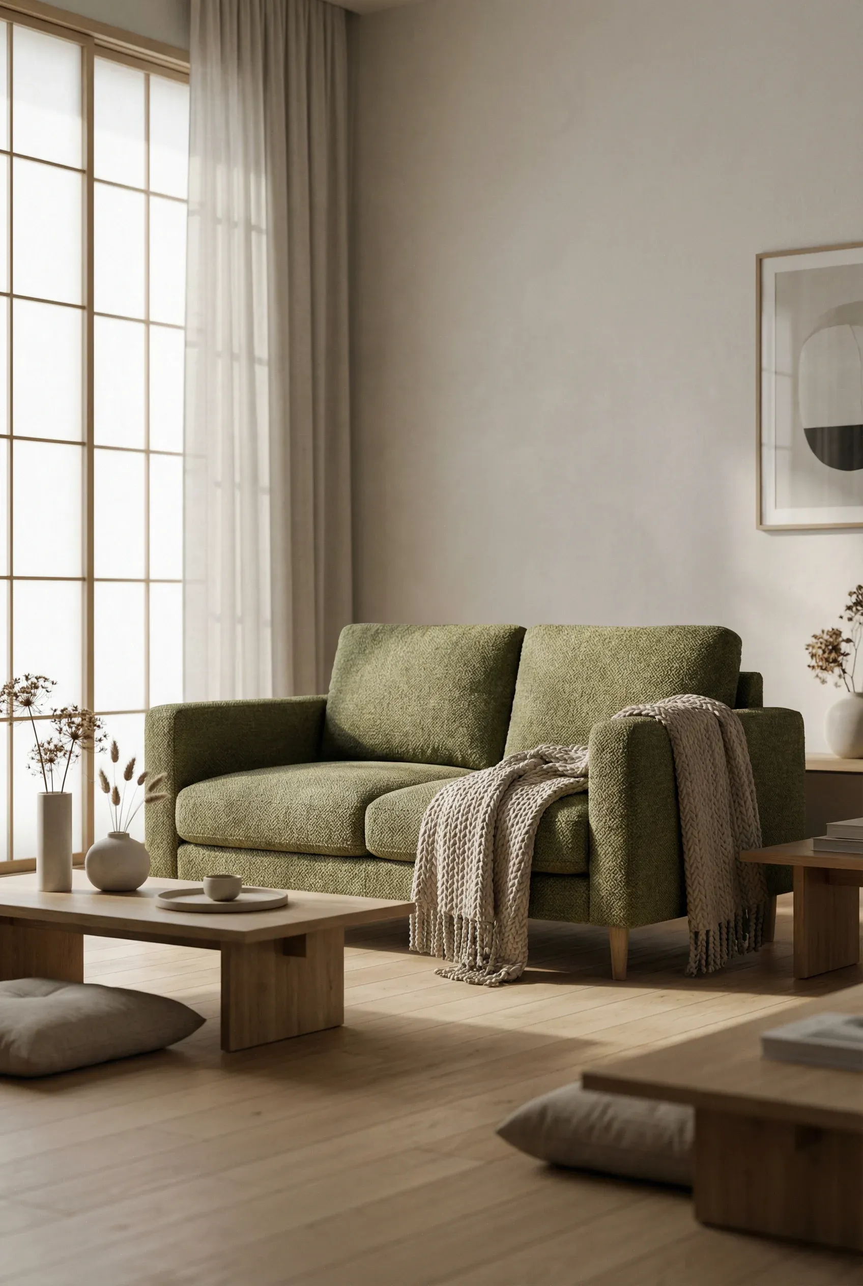 Compact Olive Sofa in a Japandi Layout with Low Furniture