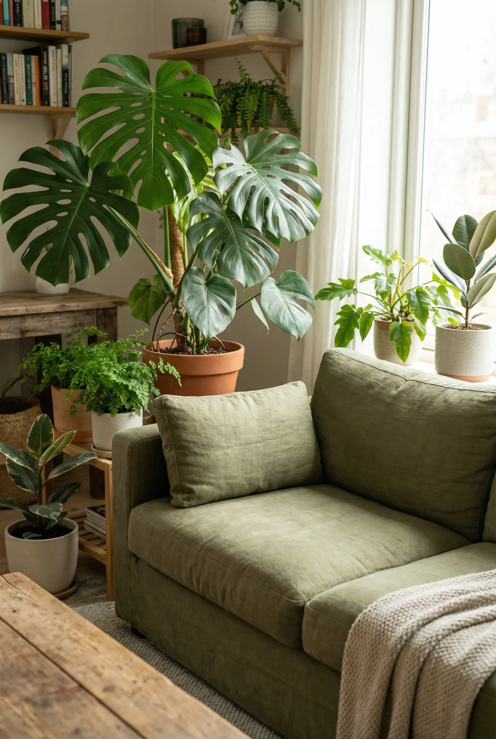 Olive Sofa with Oversized Monstera and Other Leafy Plants
