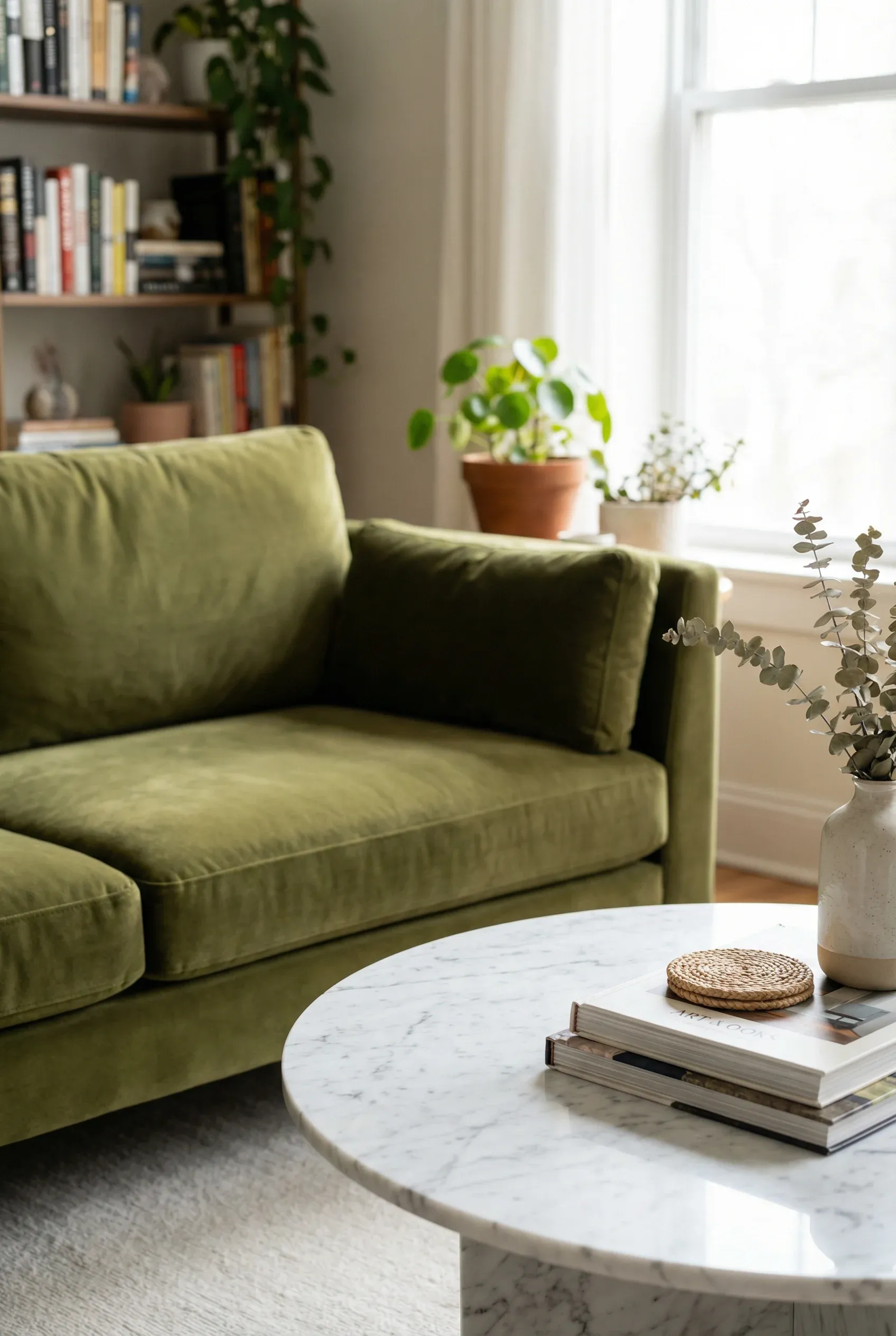 Olive Green Couch Paired with a Round Marble Coffee Table