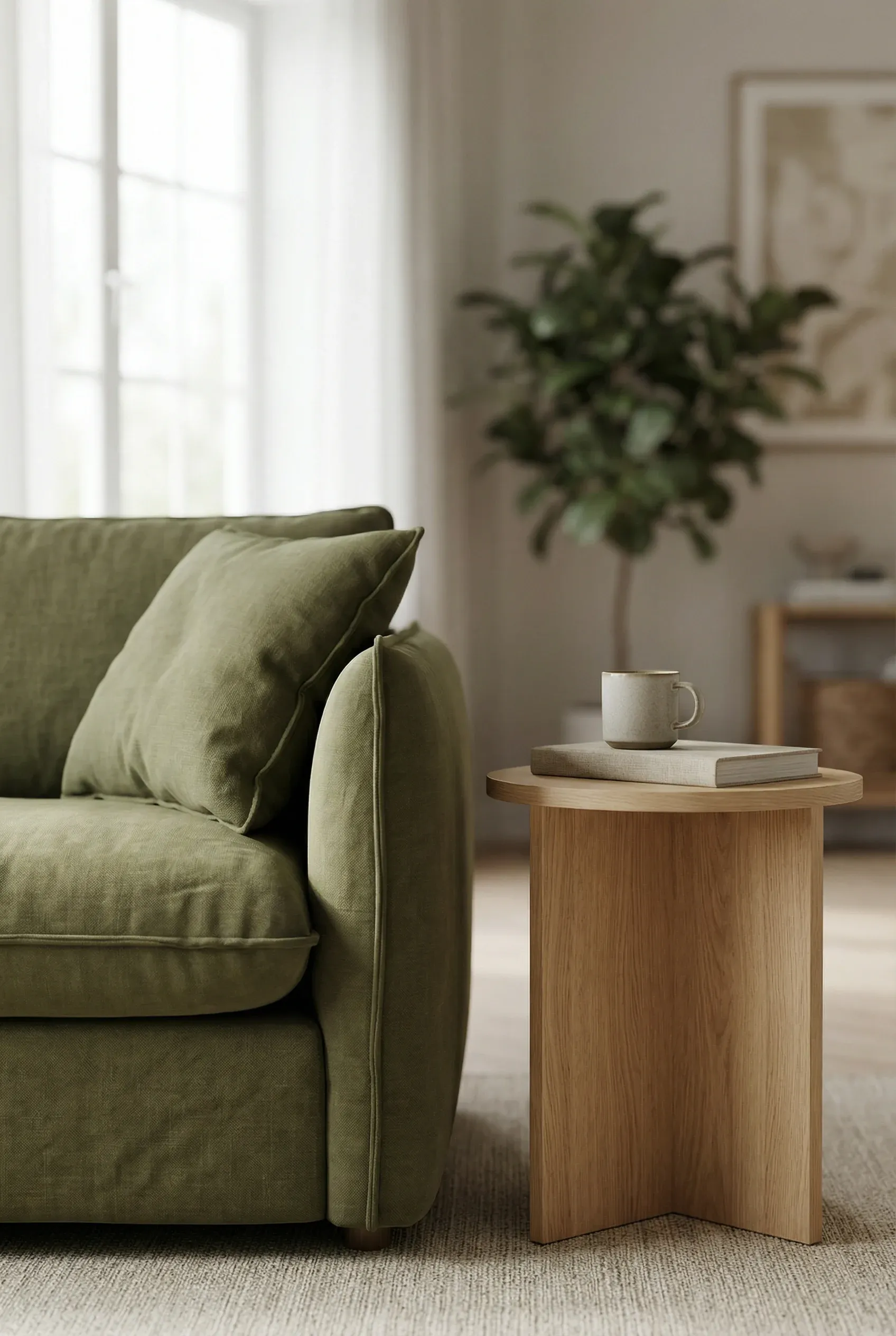 Soft Olive Sofa Beside a Minimal Scandinavian Wood Side Table