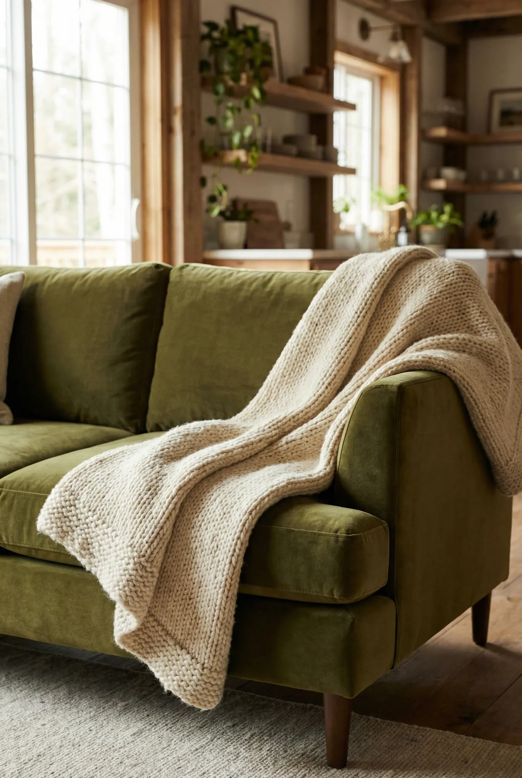 Olive Velvet Sofa with a Textured Wool Throw for Warmth