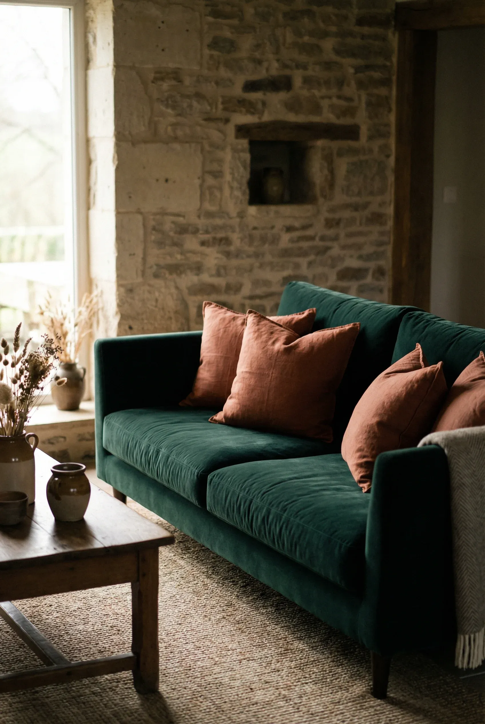 Dark Green Sofa with Terracotta Cushions for an Earthy Look