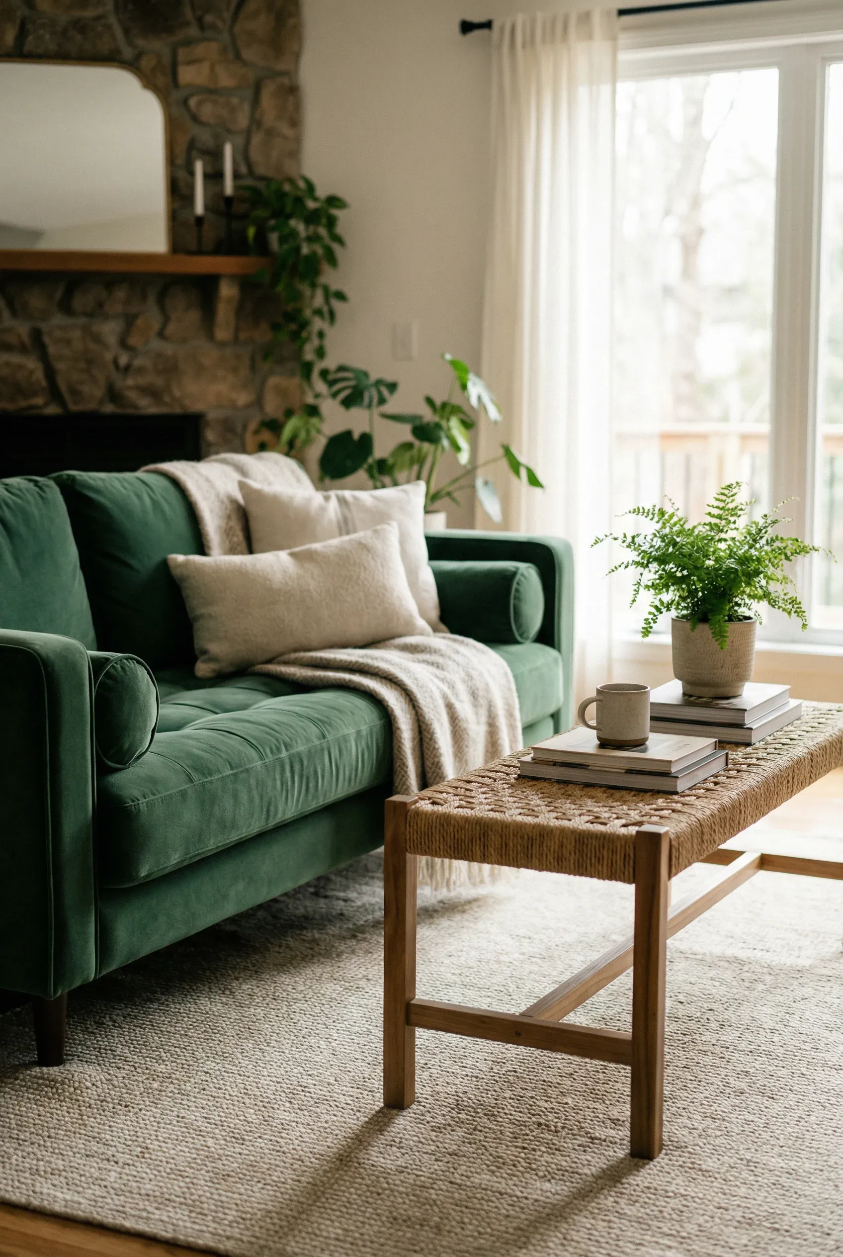 Green Sofa Paired with a Natural Fiber Bench as a Coffee Table