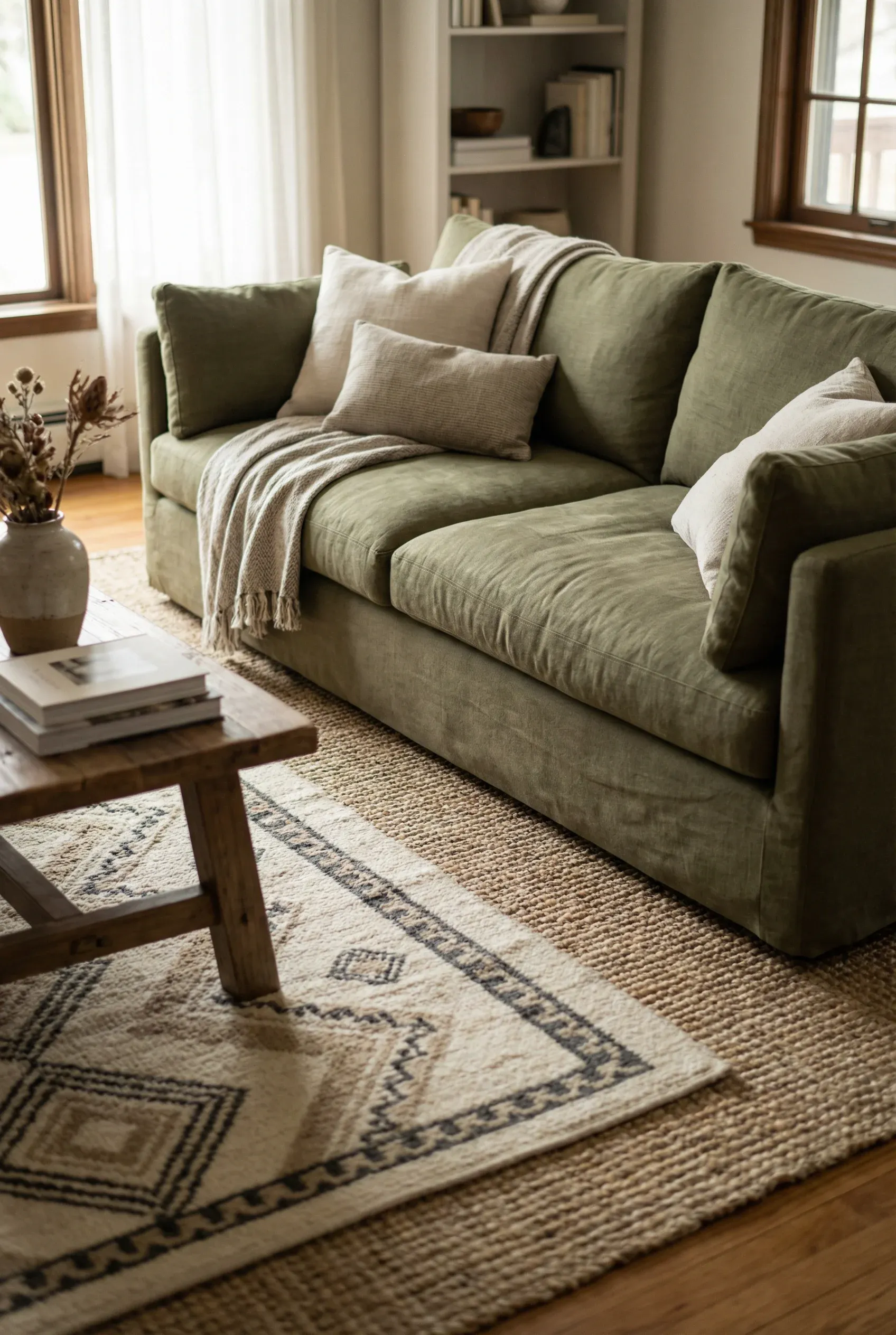 Olive Sofa with Layered Area Rugs in Neutral Patterns