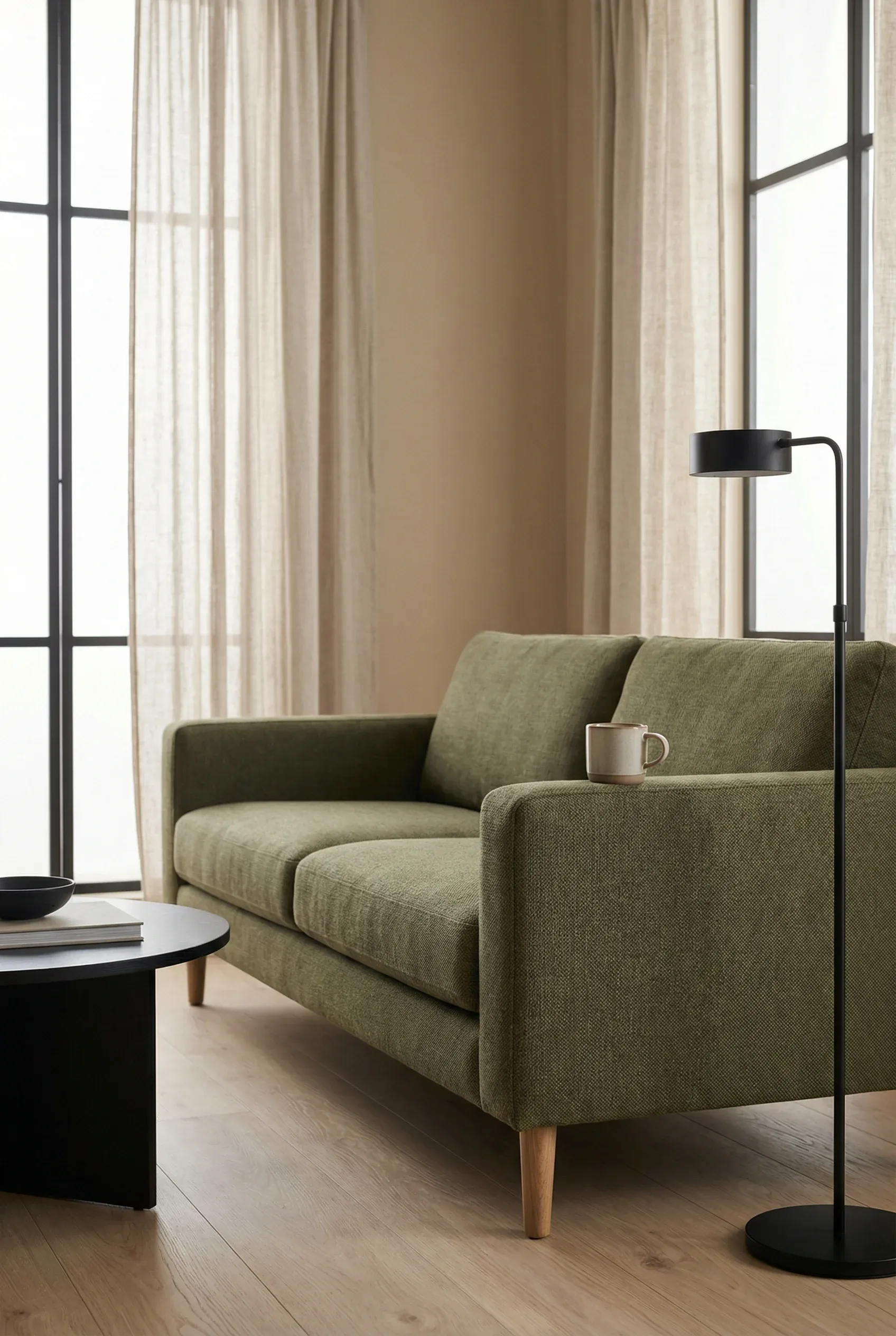 Olive Green Couch in a Calm Japandi Palette of Beige and Black