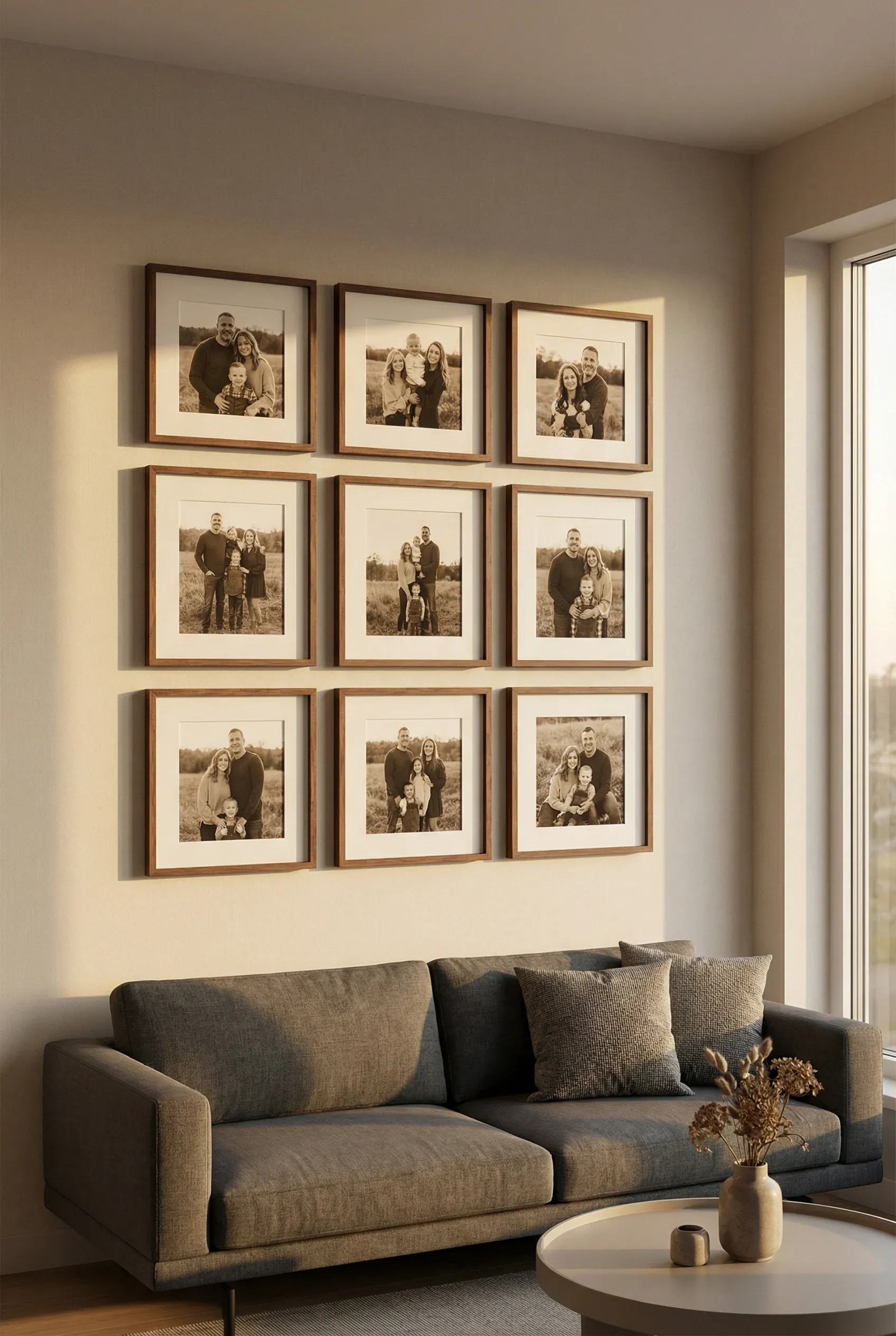 Symmetrical grid of matching photo frames mounted above a modern sofa.