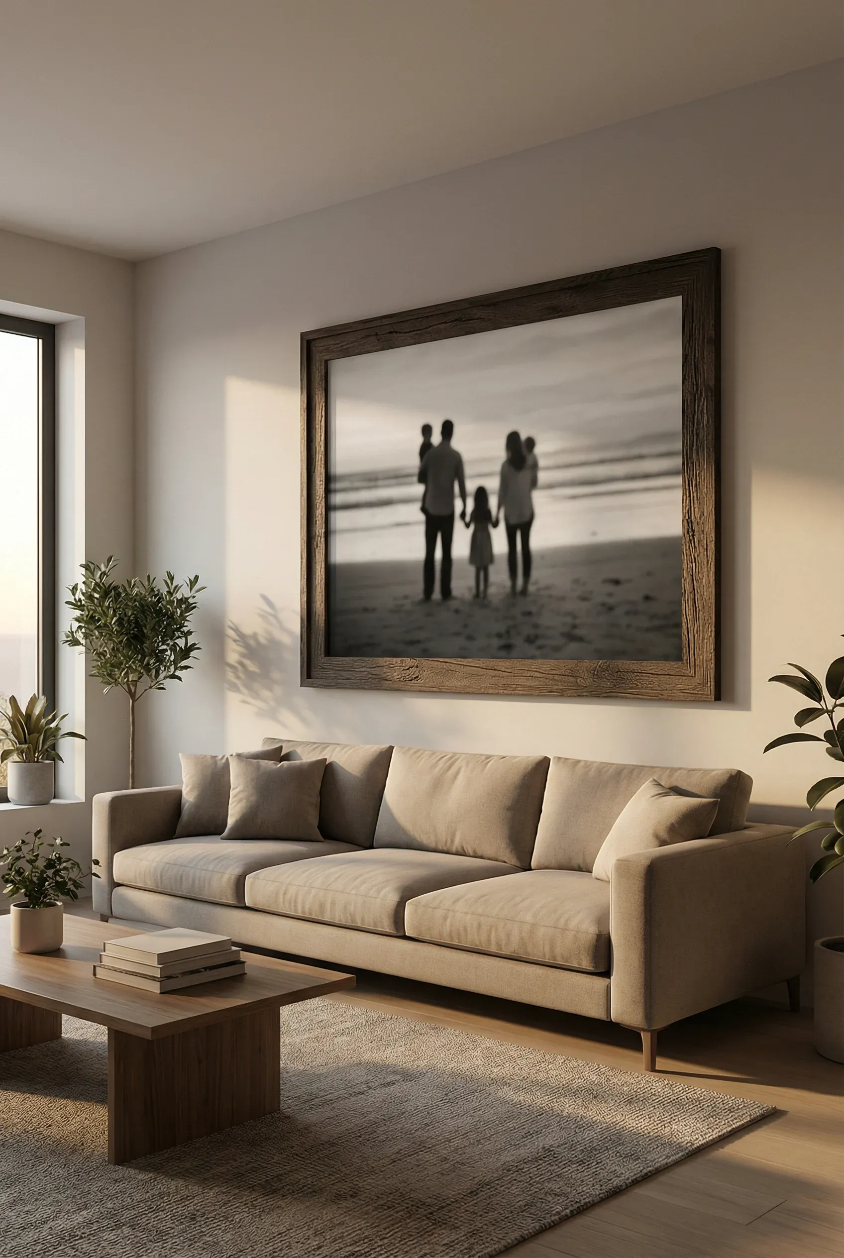 Large framed photo centered above a modern living room sofa.