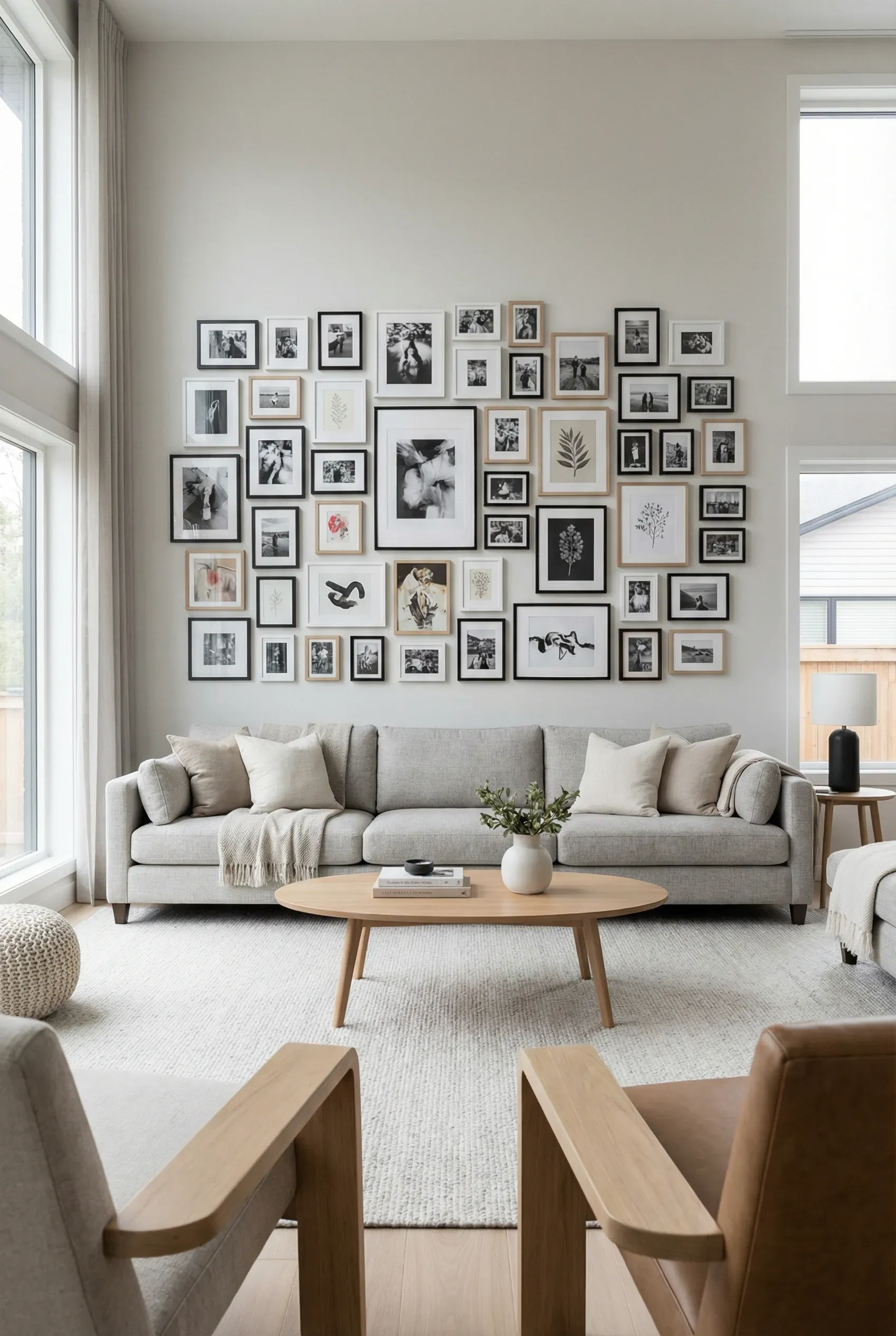 Oversized collage wall of varied frames stretching across a large sofa.