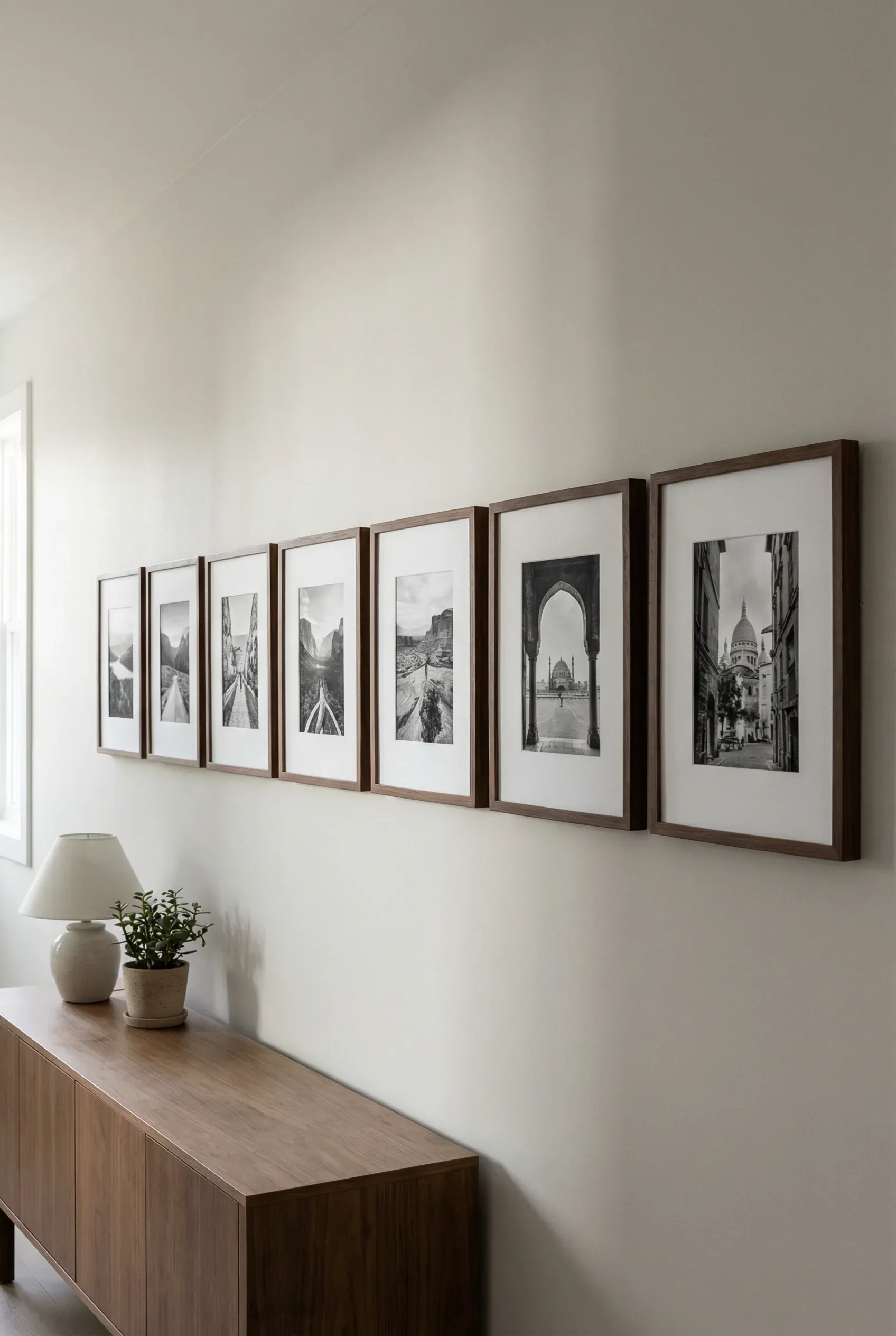 Row of matching frames containing a chronological travel photo series.