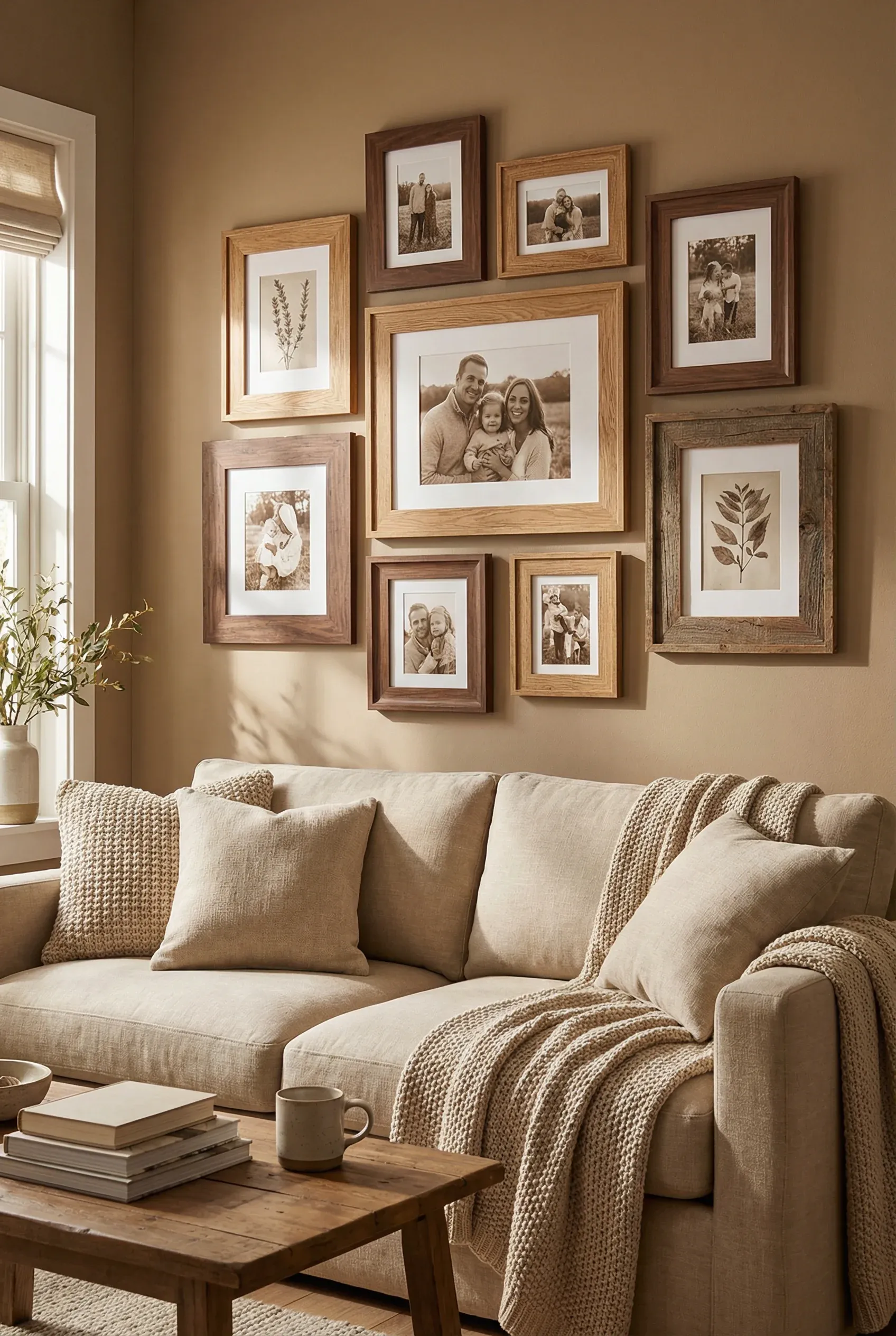 Warm wood photo frames arranged on a cosy living room wall.
