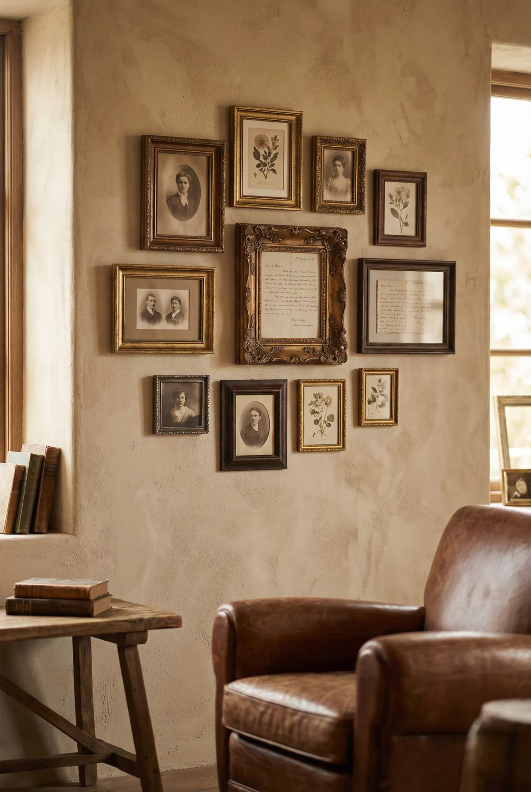 Mismatched vintage-style frames forming a relaxed collage on a warm-toned wall.