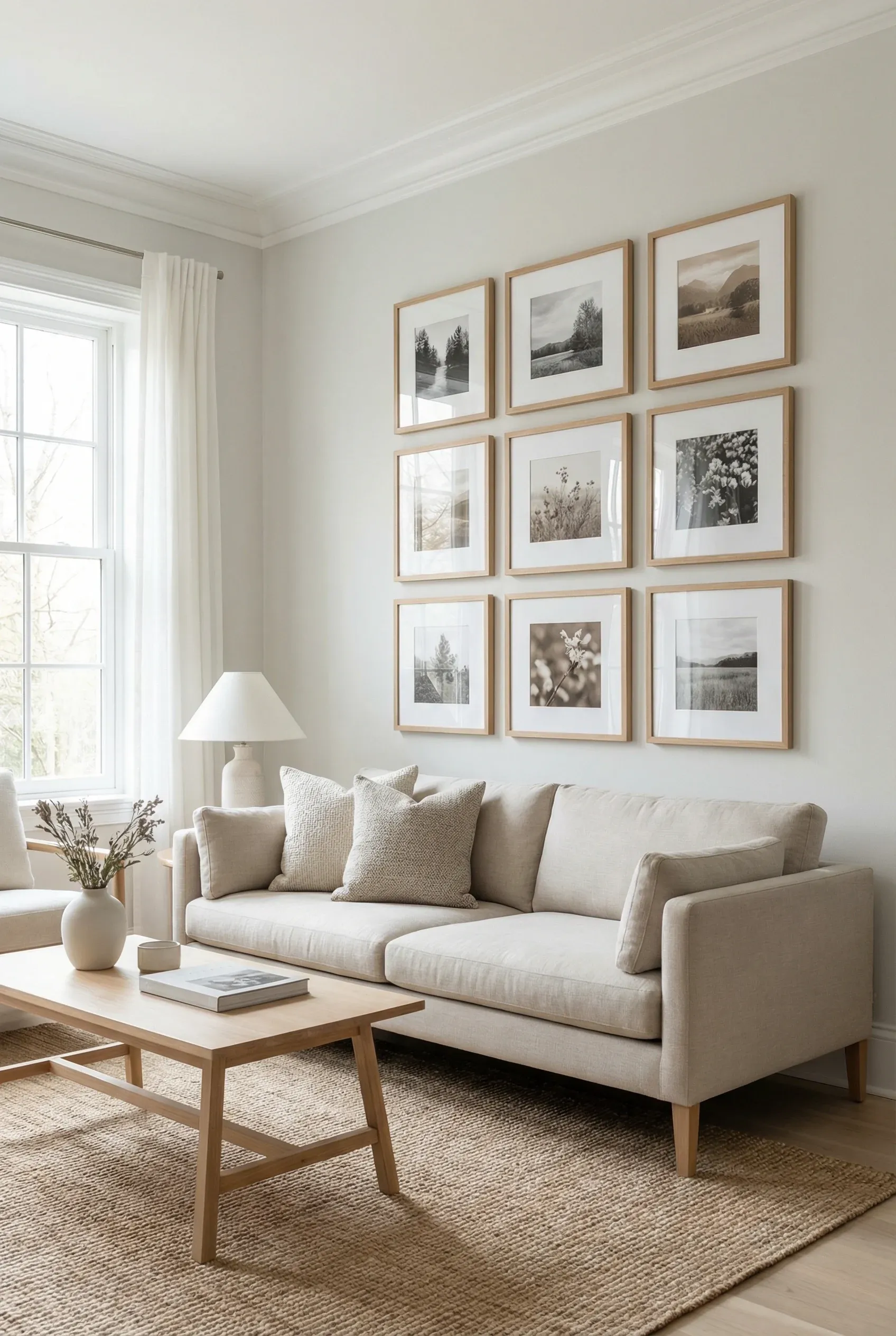 Neutral-toned framed prints arranged softly in an aesthetic living room.