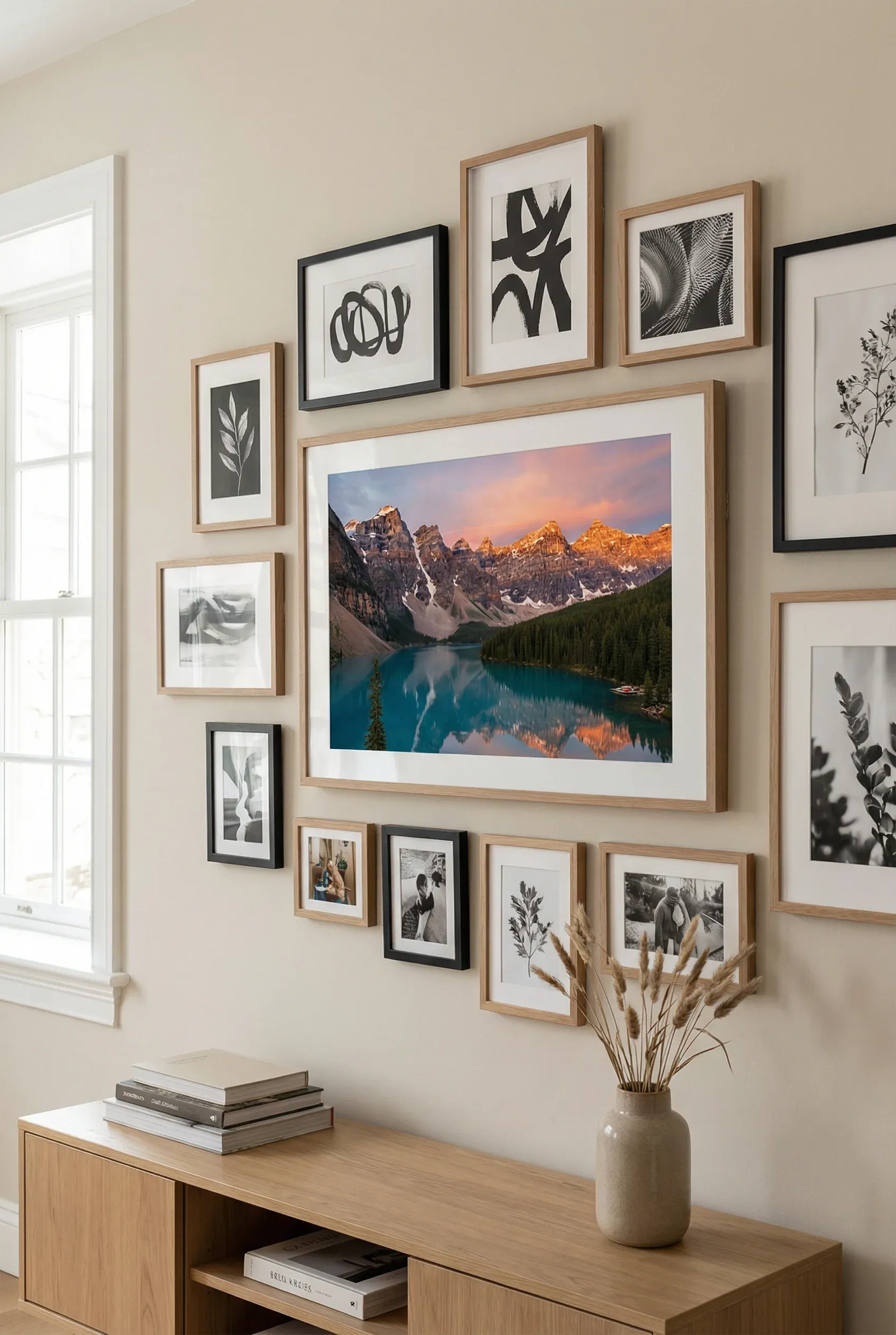 Large landscape frame centered with smaller frames arranged around it.