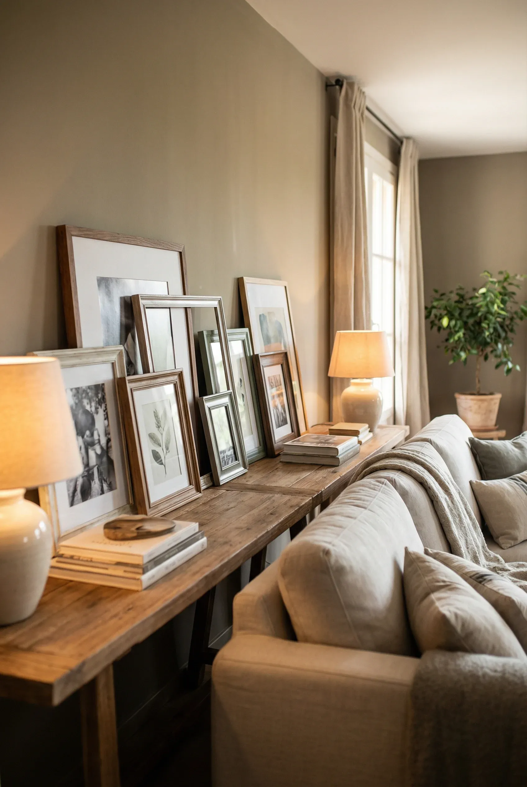 Layered photo frames arranged on a console behind a living room couch.