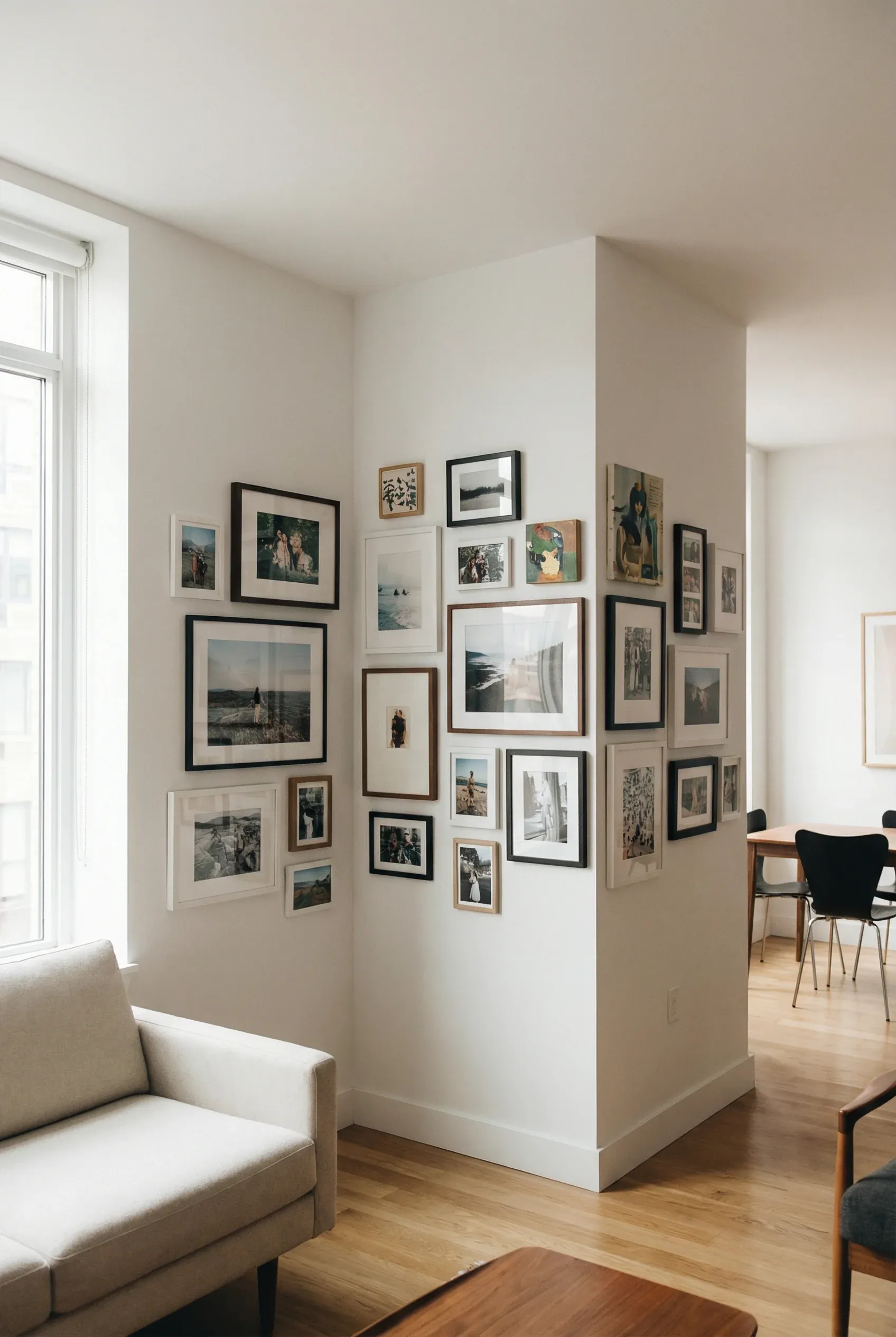 Gallery wall extending across and around a room corner.