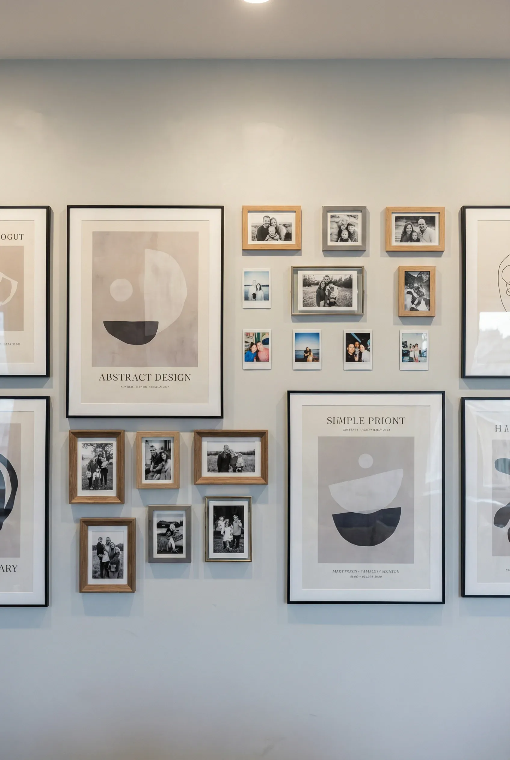 Large thin-frame posters paired with smaller snapshots on a clean wall.