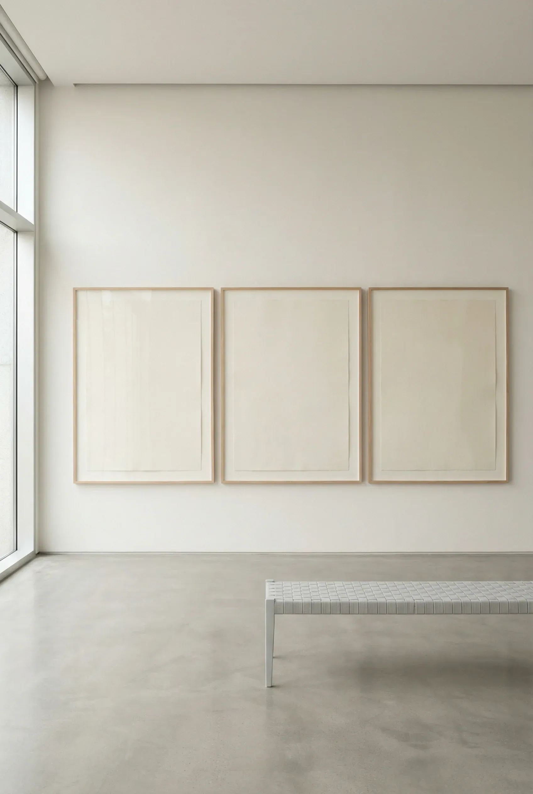 Three oversized minimalist photo frames evenly arranged on a clean wall.