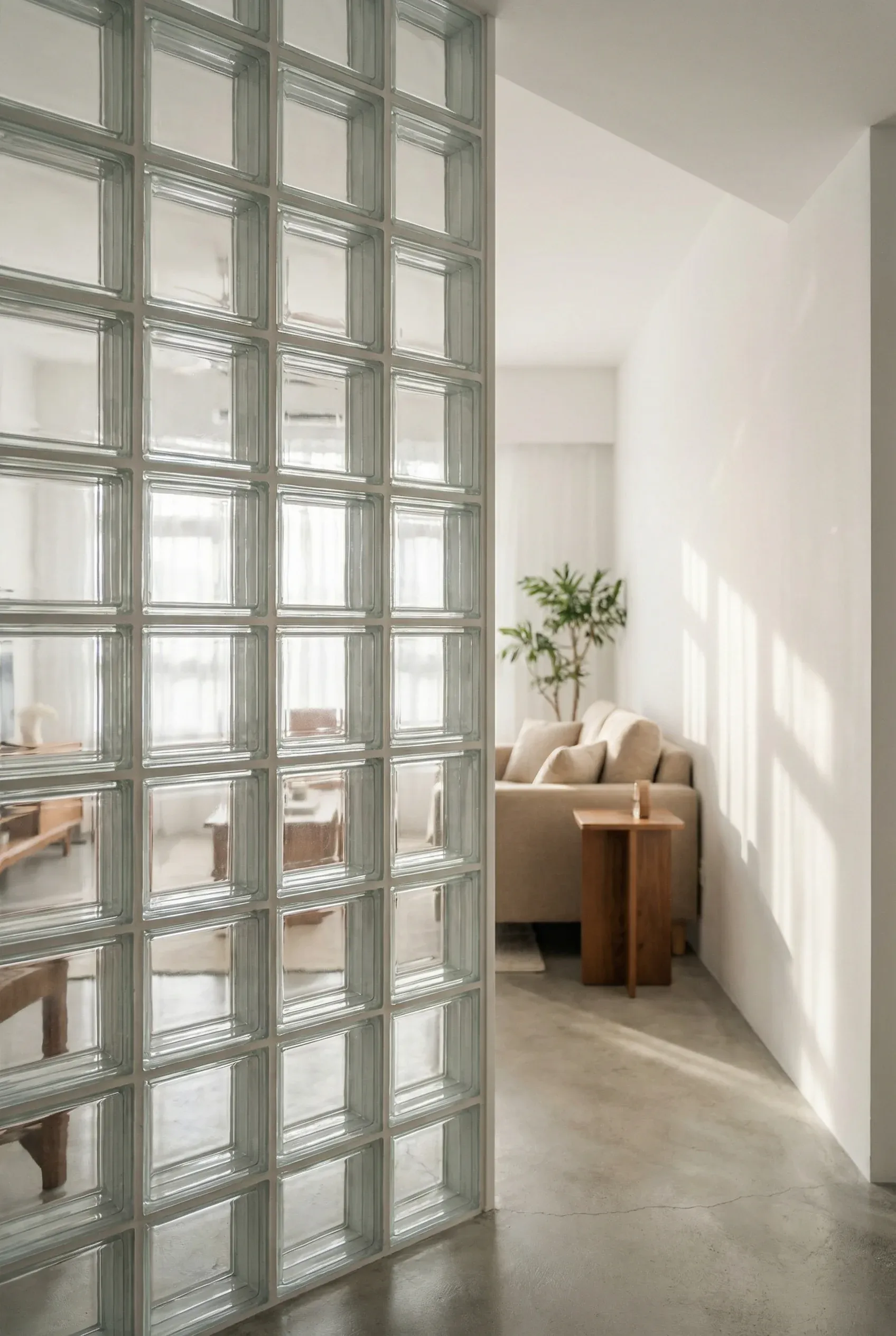 A glass block accent divider glowing softly in a retro-inspired apartment.