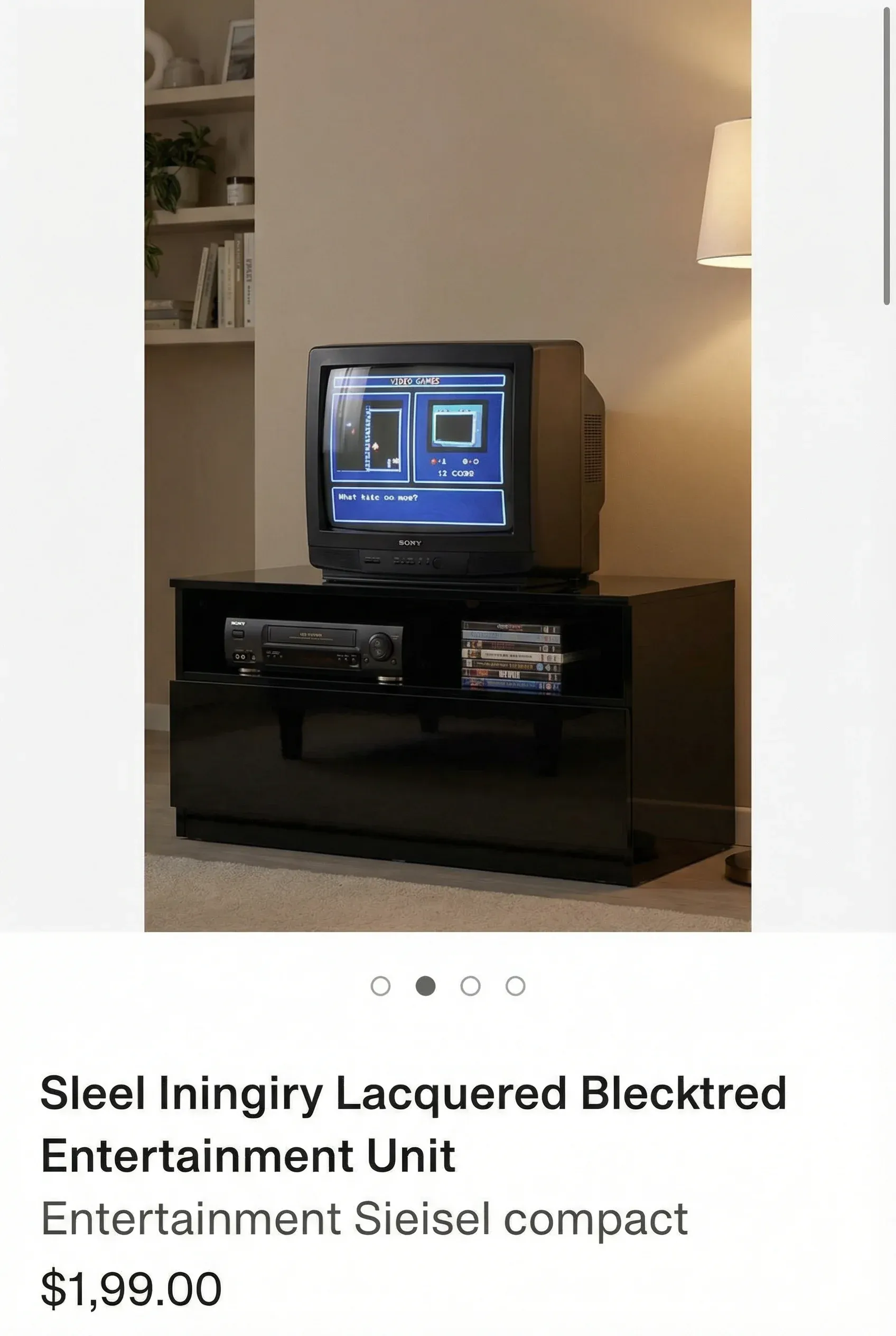A glossy 90s-style lacquer entertainment cabinet with minimal media items displayed.