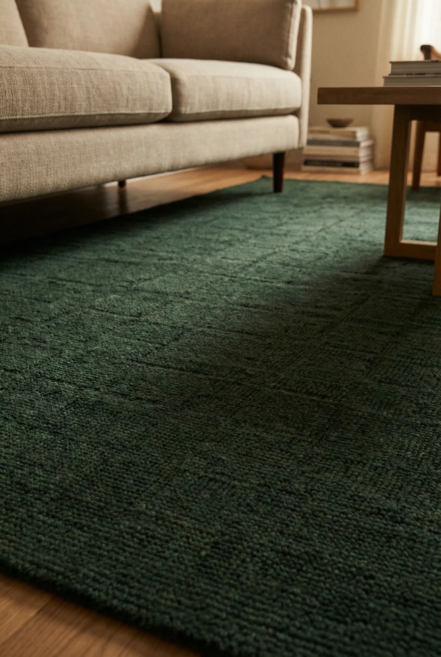 A deep hunter green rug with a subtle pattern under a neutral sofa.