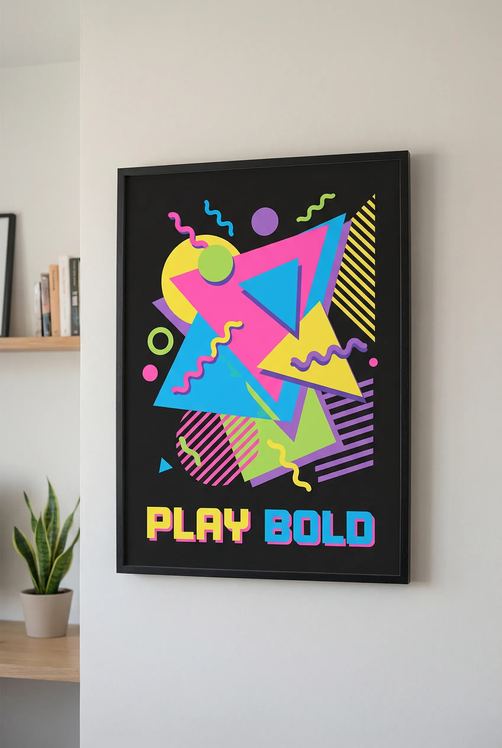A framed poster with bold colorful 90s graphics hanging on a clean wall.