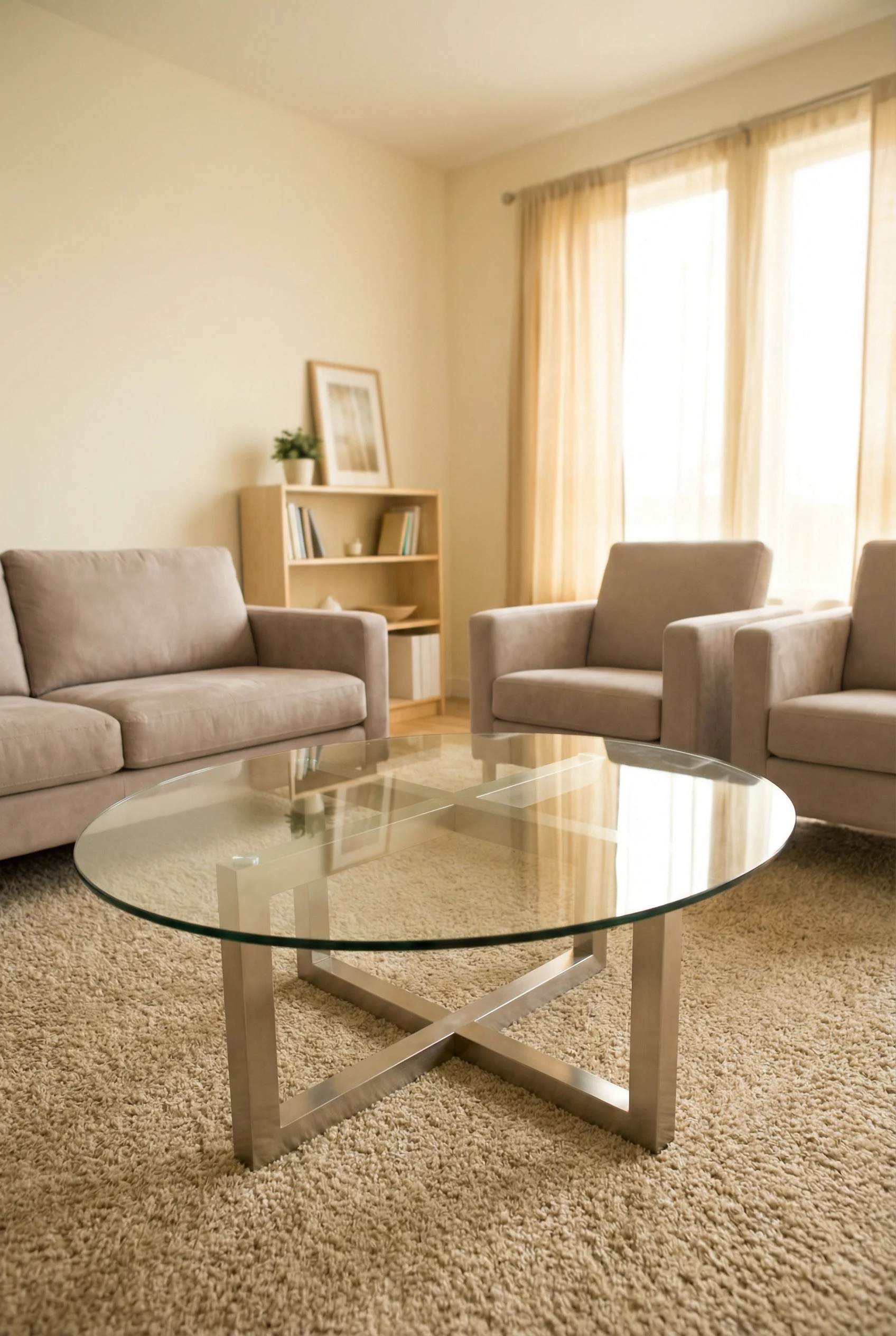 Rounded glass-top coffee table with metal base in a softly lit 2000s-style living room