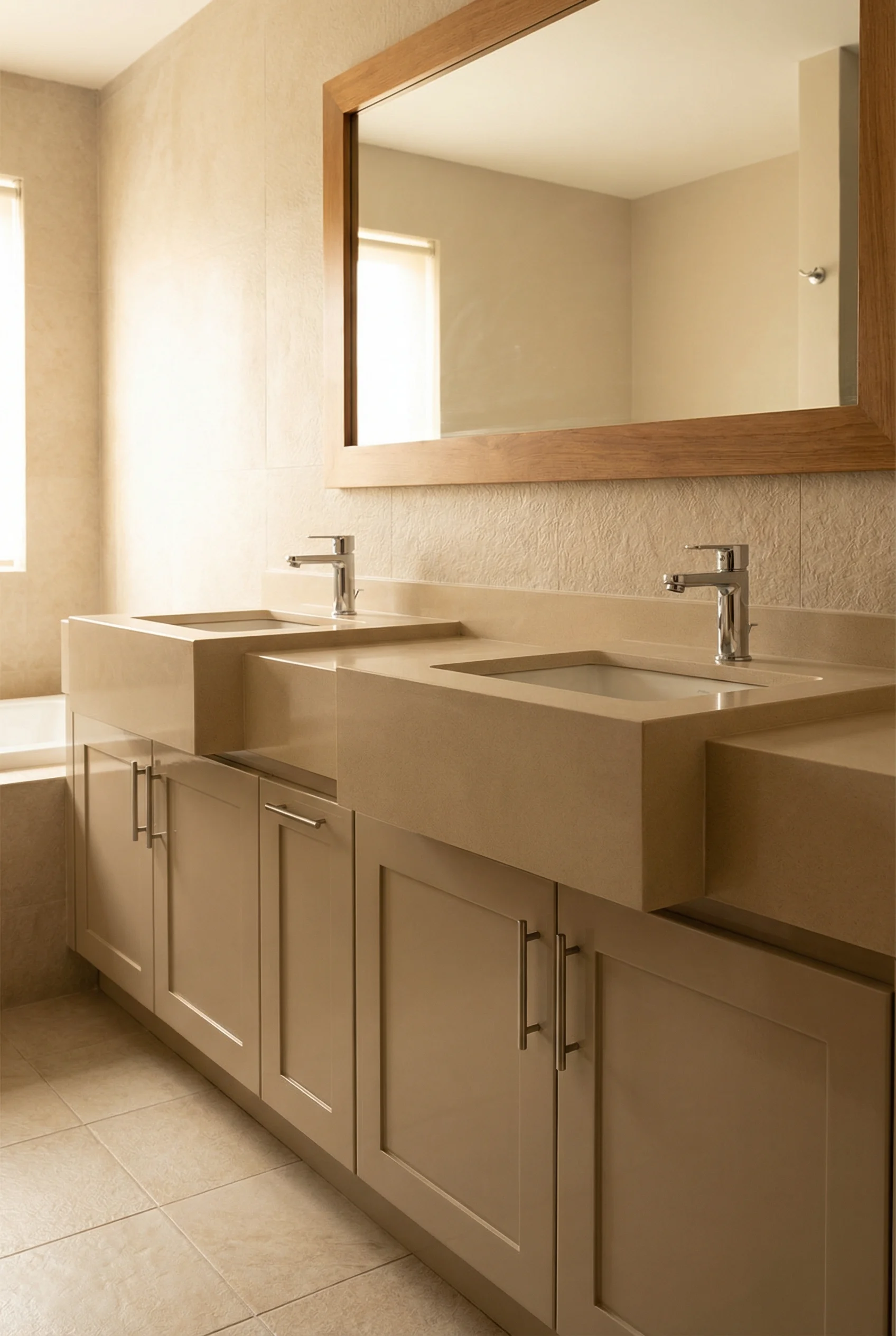 2000s-style bathroom vanity with thick blocky countertops and warm soft lighting