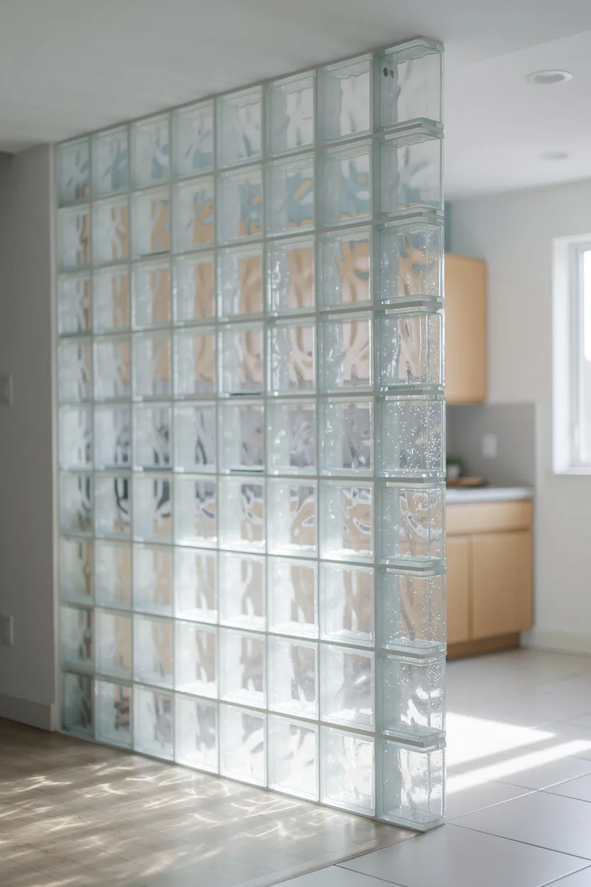 A softly glowing glass block accent wall creating a retro 90s interior look with diffused light and clean geometry.