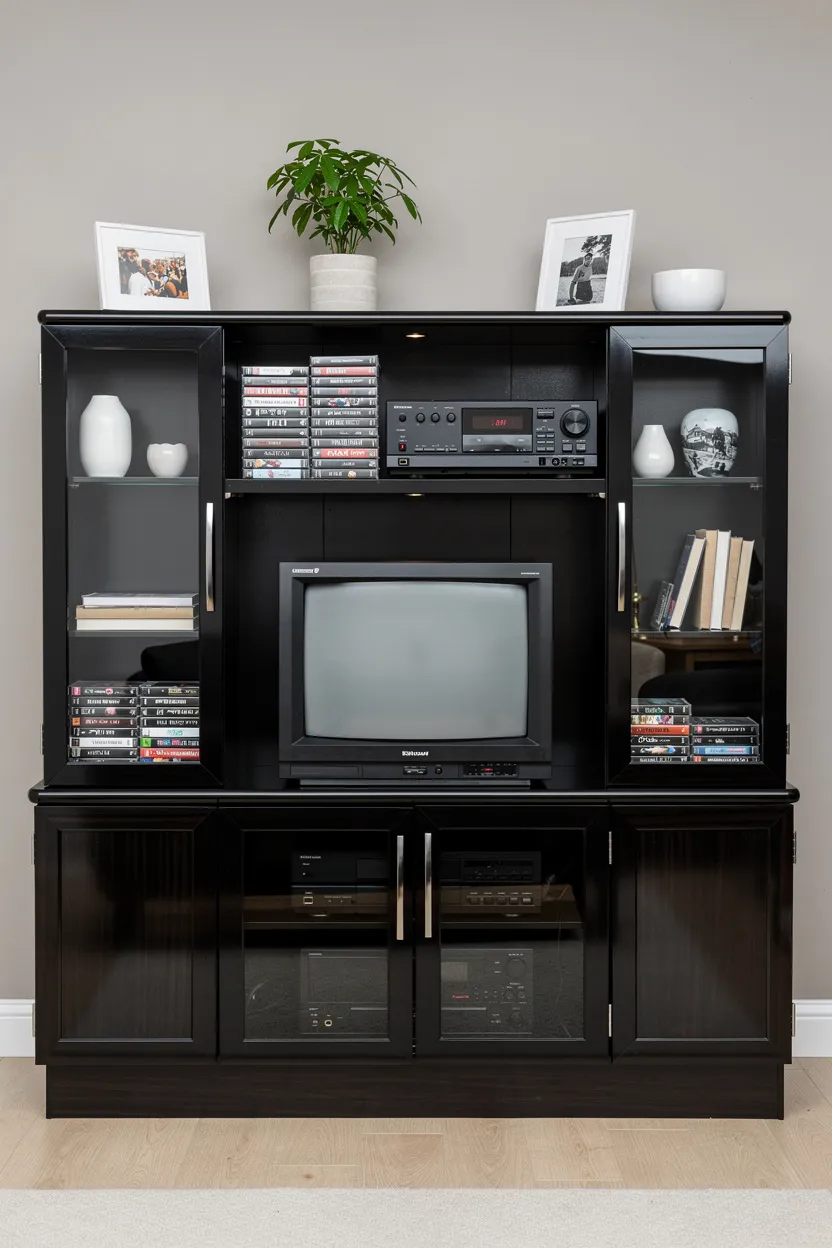 A glossy 90s-style lacquered entertainment center with subtle reflections and classic media elements in a clean living room.