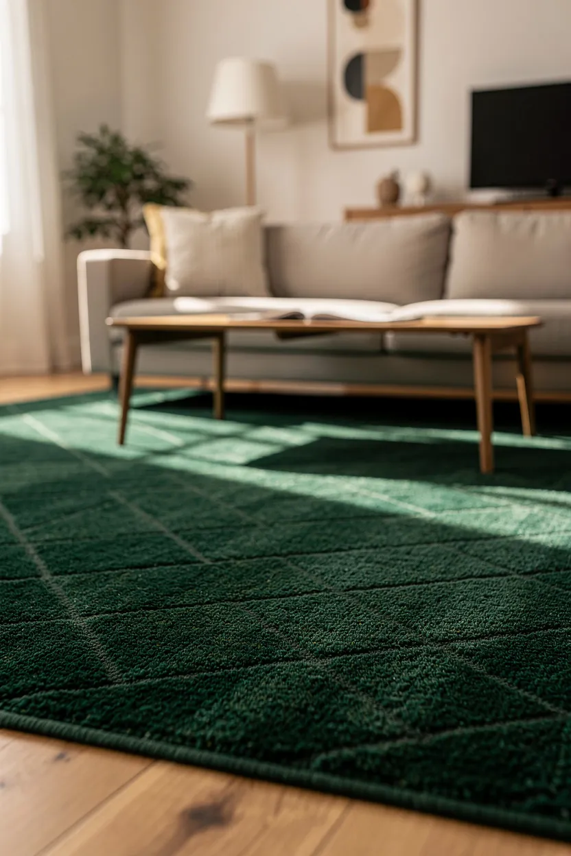 Hunter green tone-on-tone patterned 90s-style area rug under a neutral sofa in soft natural light.