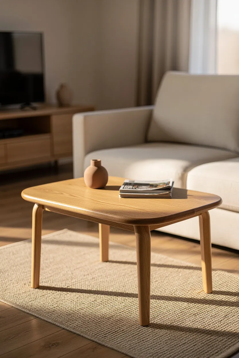 Light wood 90s-style coffee table with rounded edges in warm natural light.