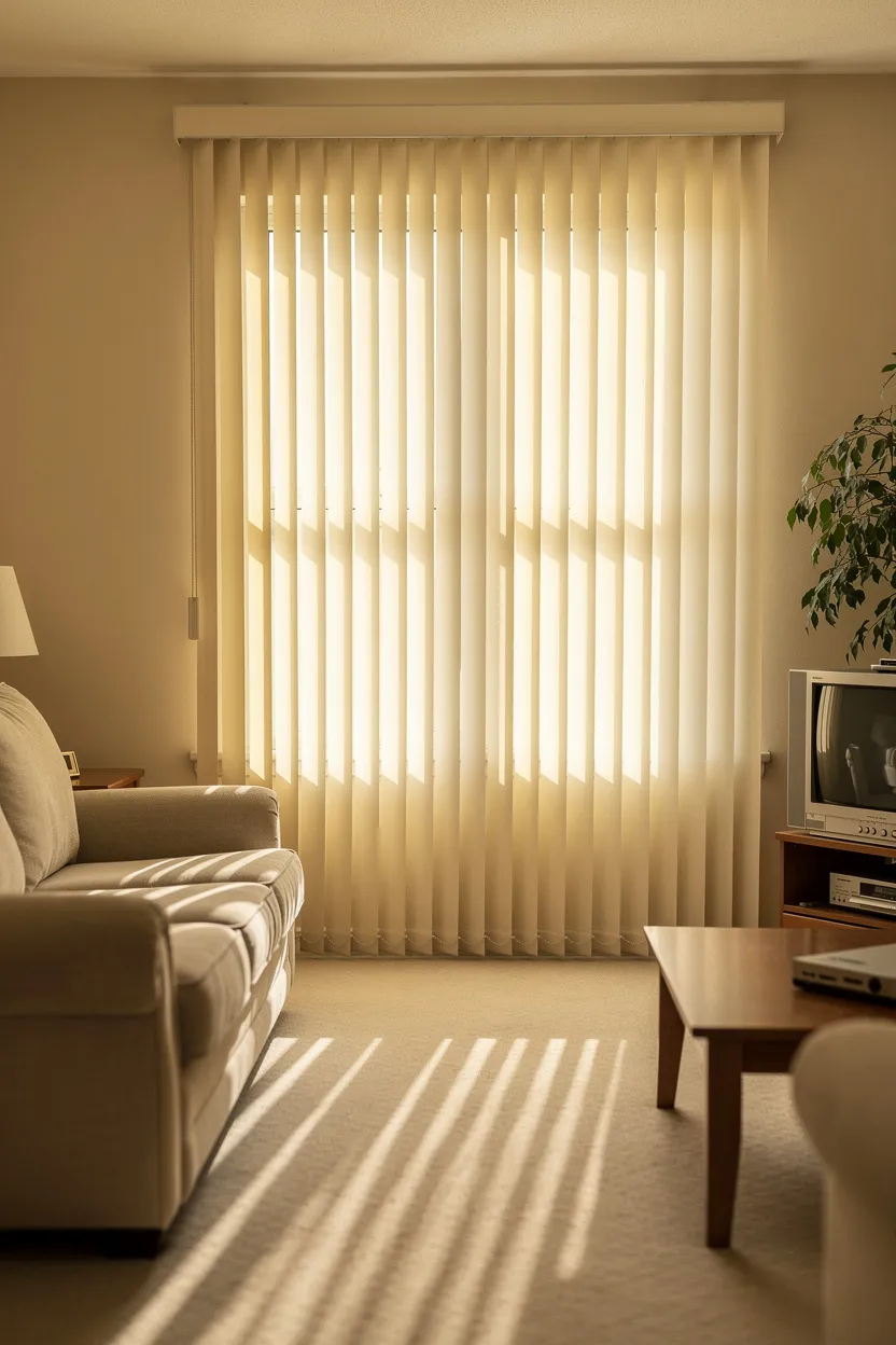 Ivory 90s-style vertical blinds softly lit by natural daylight in a bright apartment living room
