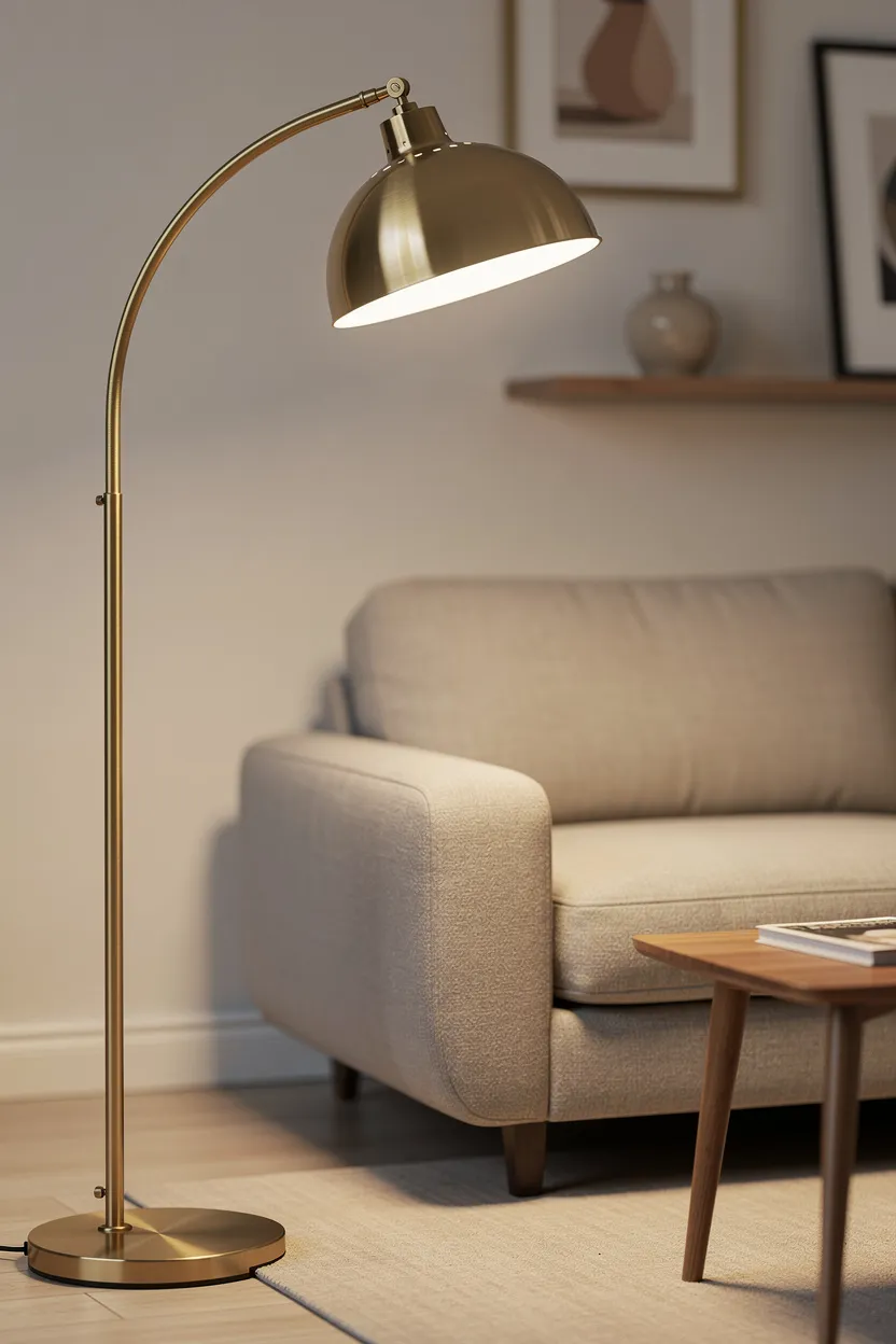 Brass curved floor lamp casting soft warm light over a 90s-inspired apartment seating area
