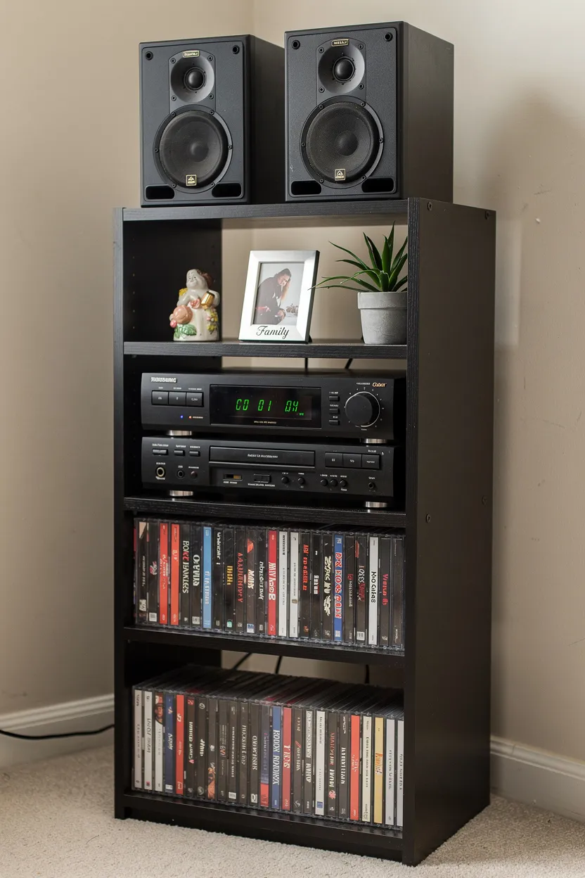 Black 90s-style stereo tower with open CD racks and small speakers in a softly lit living room corner