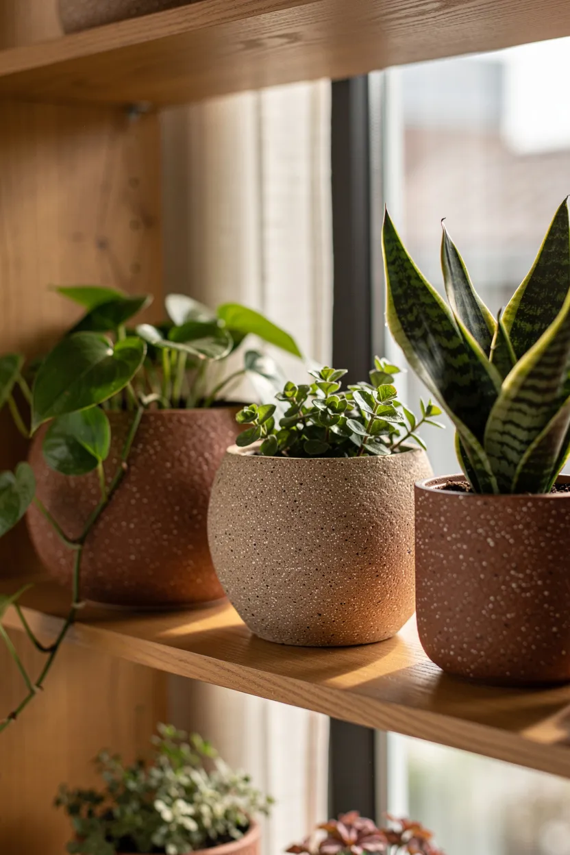 Close-up of speckled ceramic planters in earth tones with indoor plants.