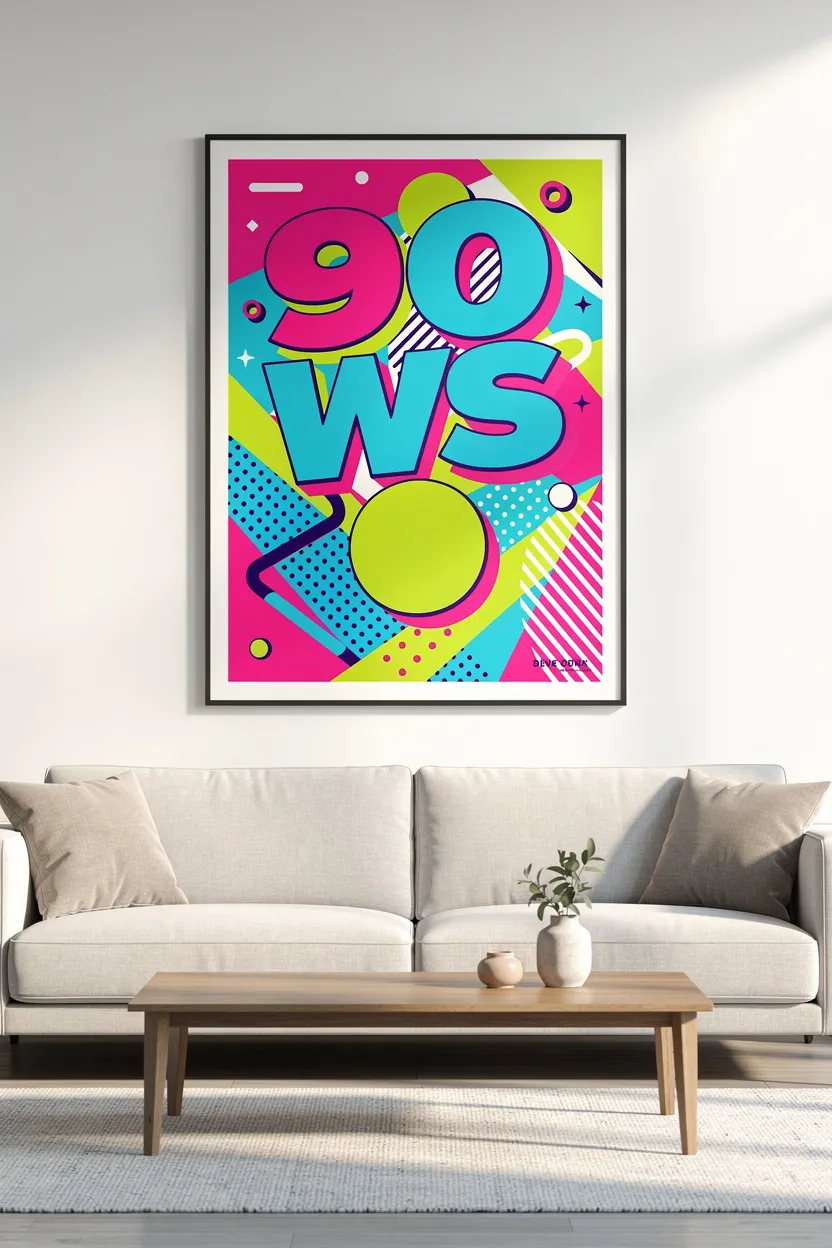 Framed poster art with bold 90s graphics in a stylish living room.