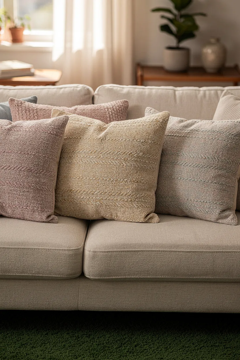 Soft pastel throw pillows with textures arranged on a neutral sofa.