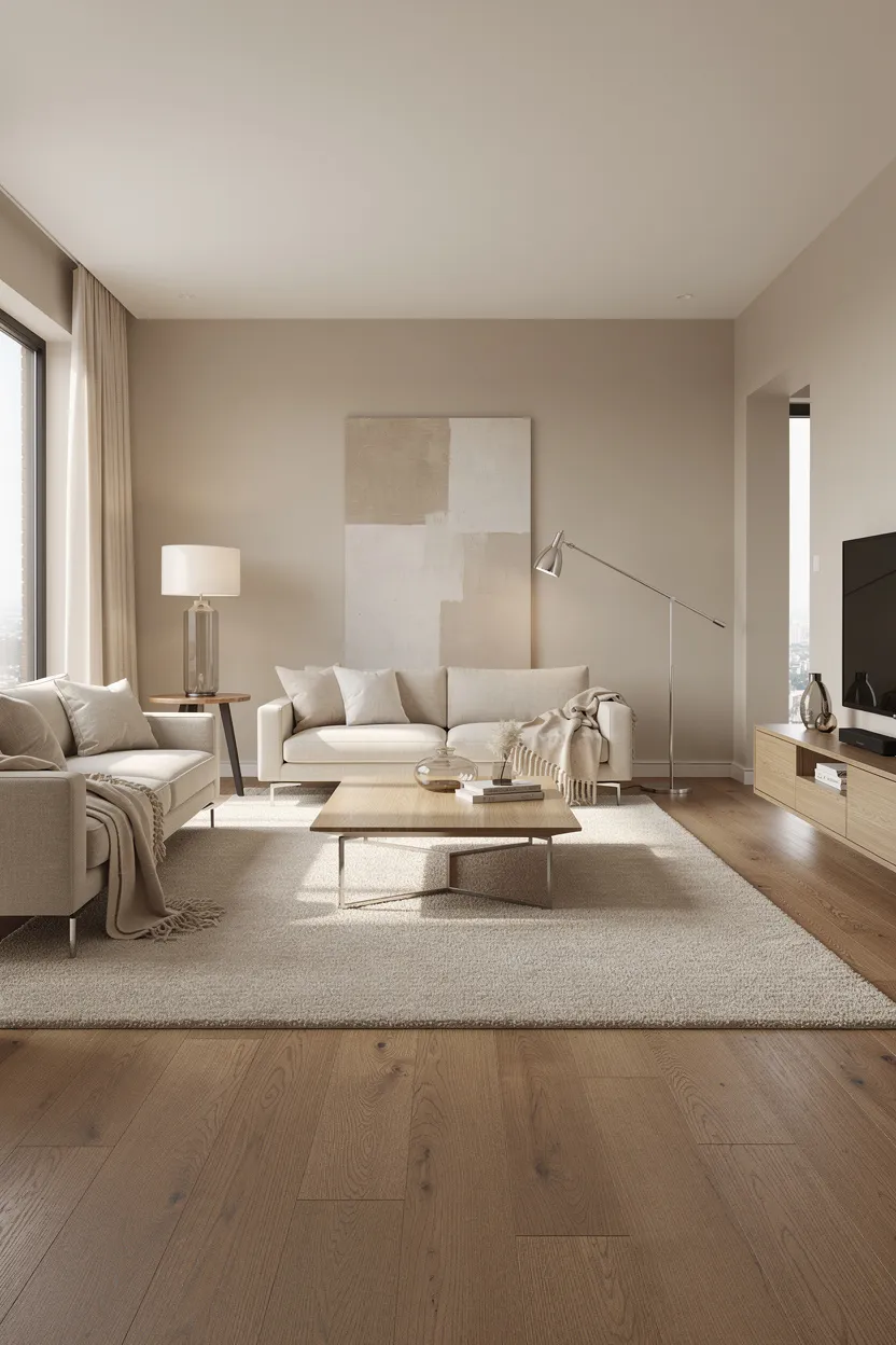 A serene living room featuring a neutral beige color palette with warm wood floors.