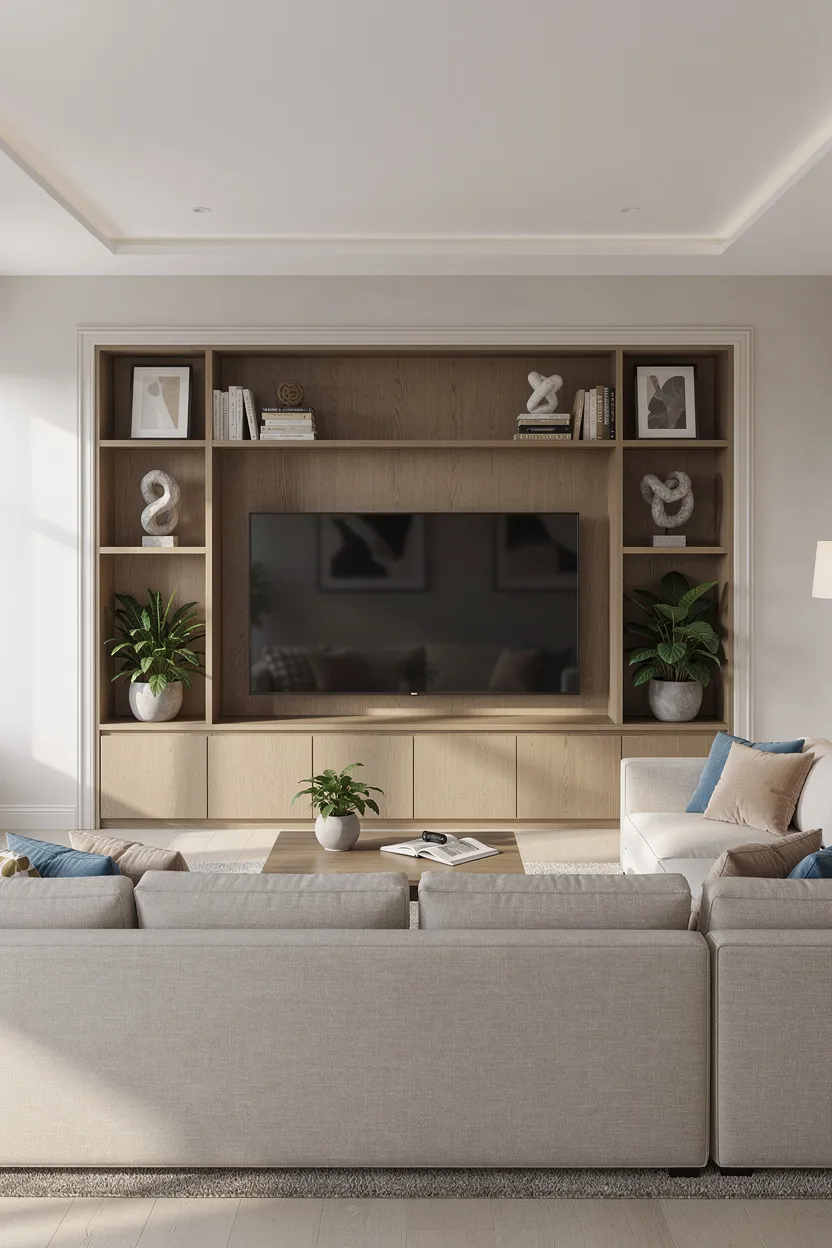 A cozy living room featuring a large built-in wall niche for a TV, filled with decor.