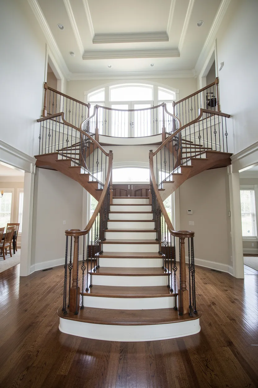 A grand two-story foyer featuring a statement staircase and large windows.
