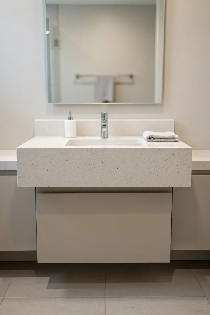 A built-in bathroom vanity featuring a thick blocky countertop and integrated sink.