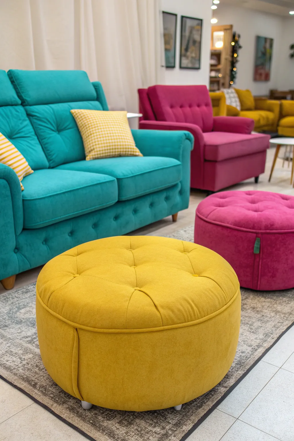A cozy living room featuring oversized furniture in vibrant colors.