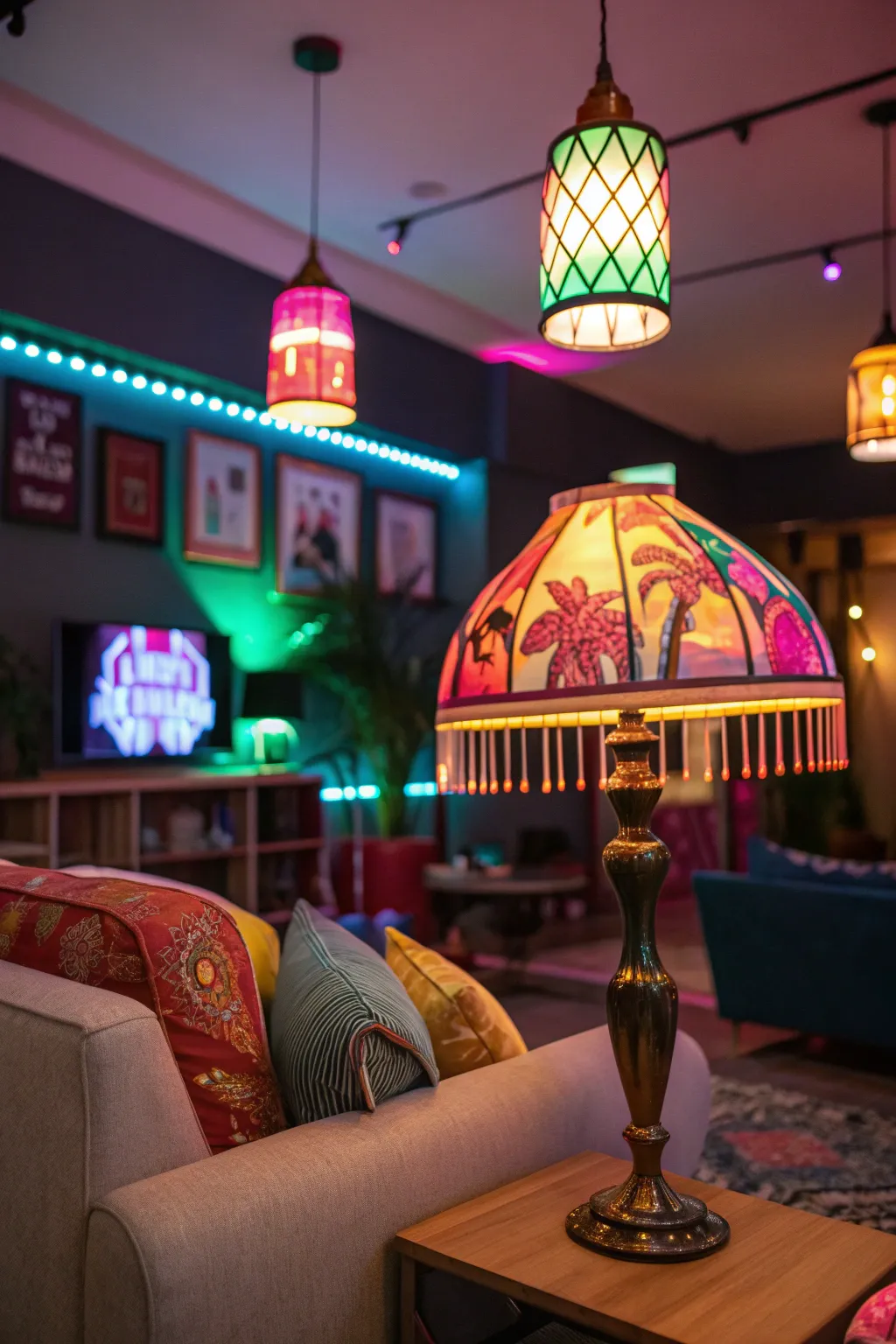 A living room illuminated by bright neon light fixtures and colorful lampshades.