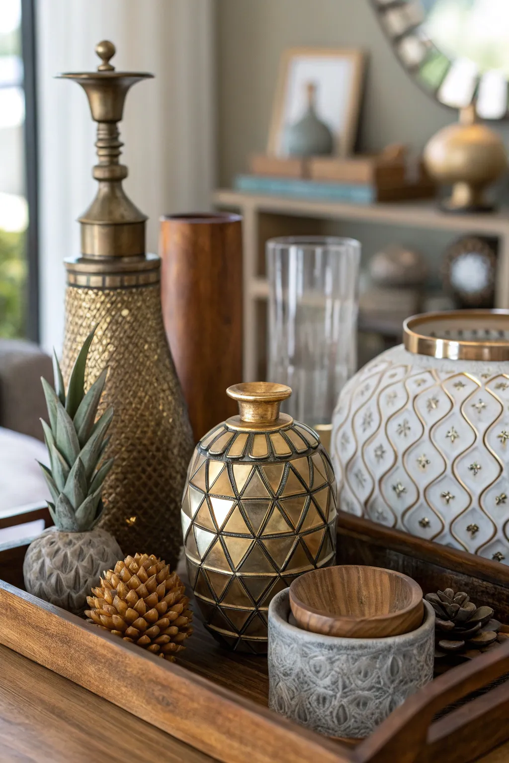 An arrangement of home accessories showcasing a mix of materials like metal, glass, and wood.